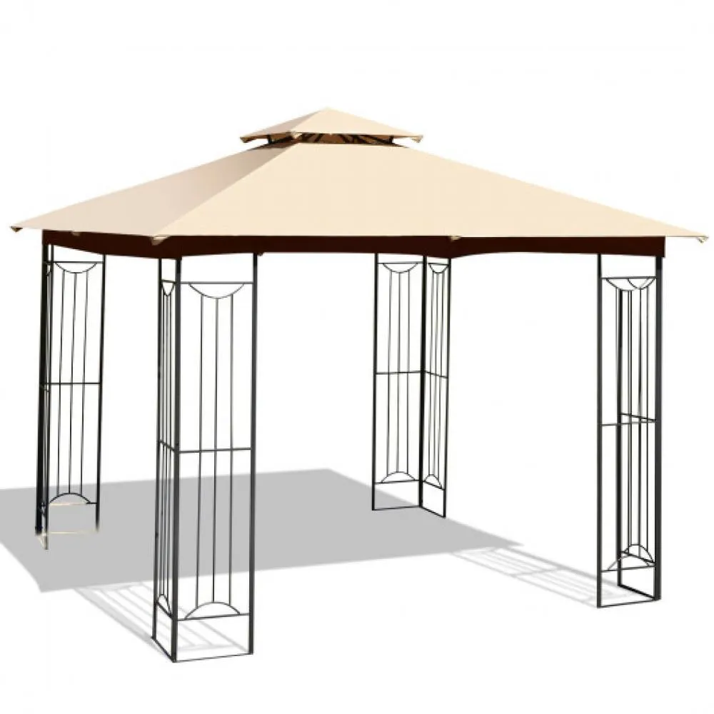 10 x 10 Feet L-Shaped Patio Canopy Gazebo Outdoor 2-Tier Steel Tent-Gray