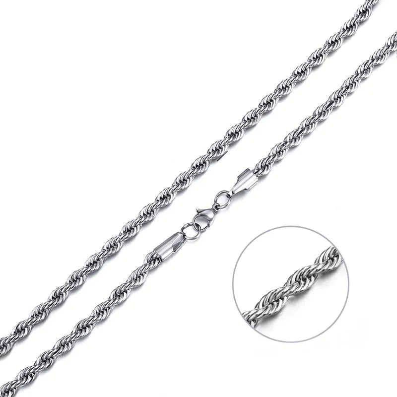 4-5mm Rope Chain Sterling Silver Men's Spiral Necklace Casual Jewelry