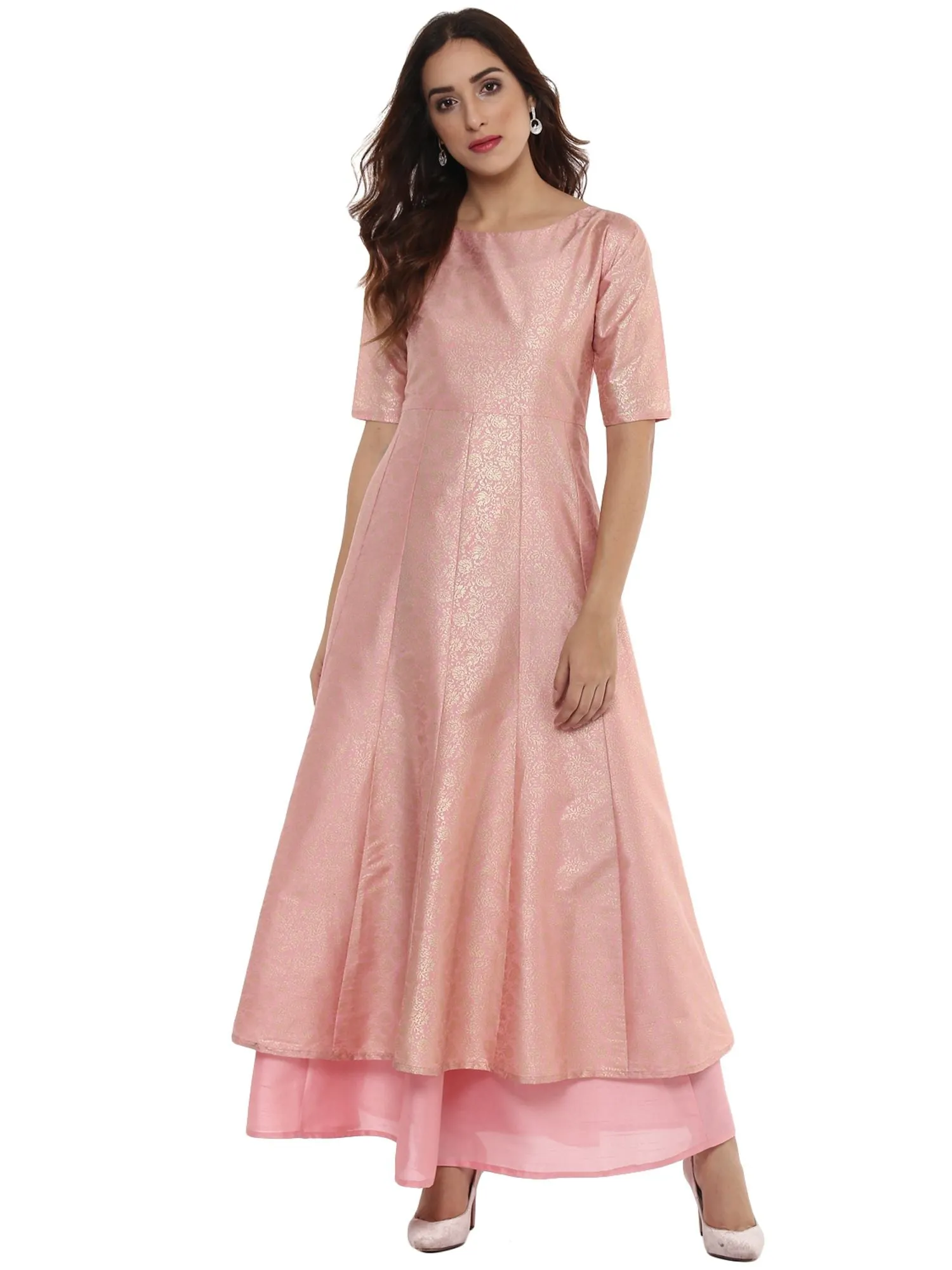 Ahalyaa Women's Pink Poly Silk Gold Foil Print Kurta