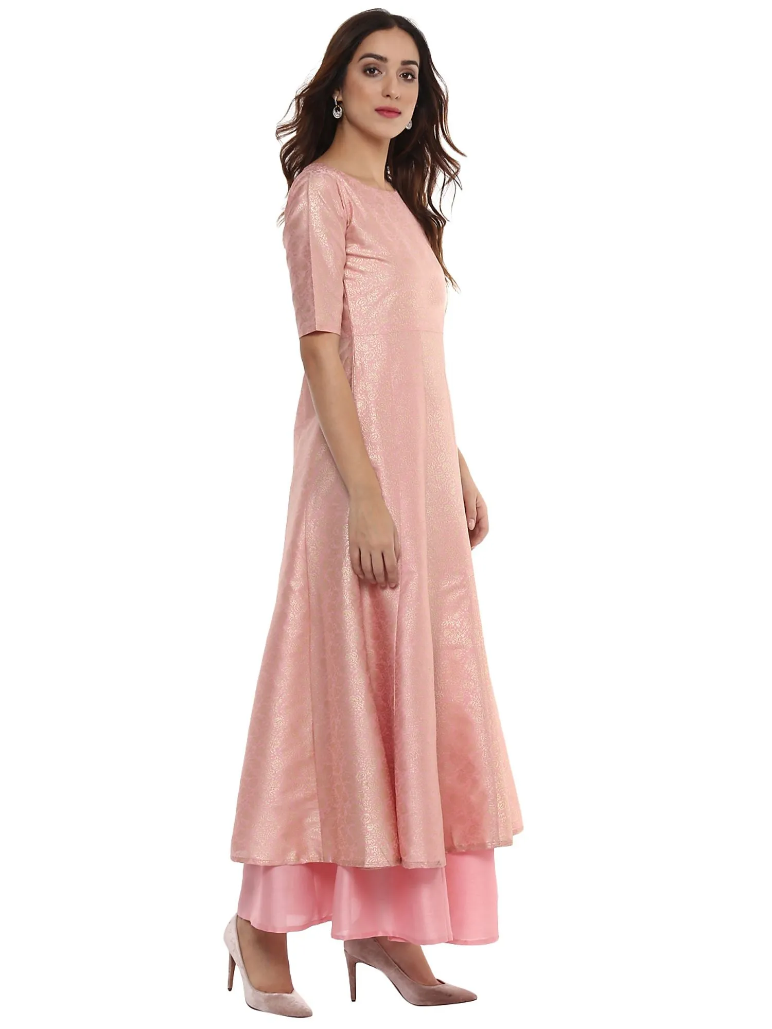 Ahalyaa Women's Pink Poly Silk Gold Foil Print Kurta