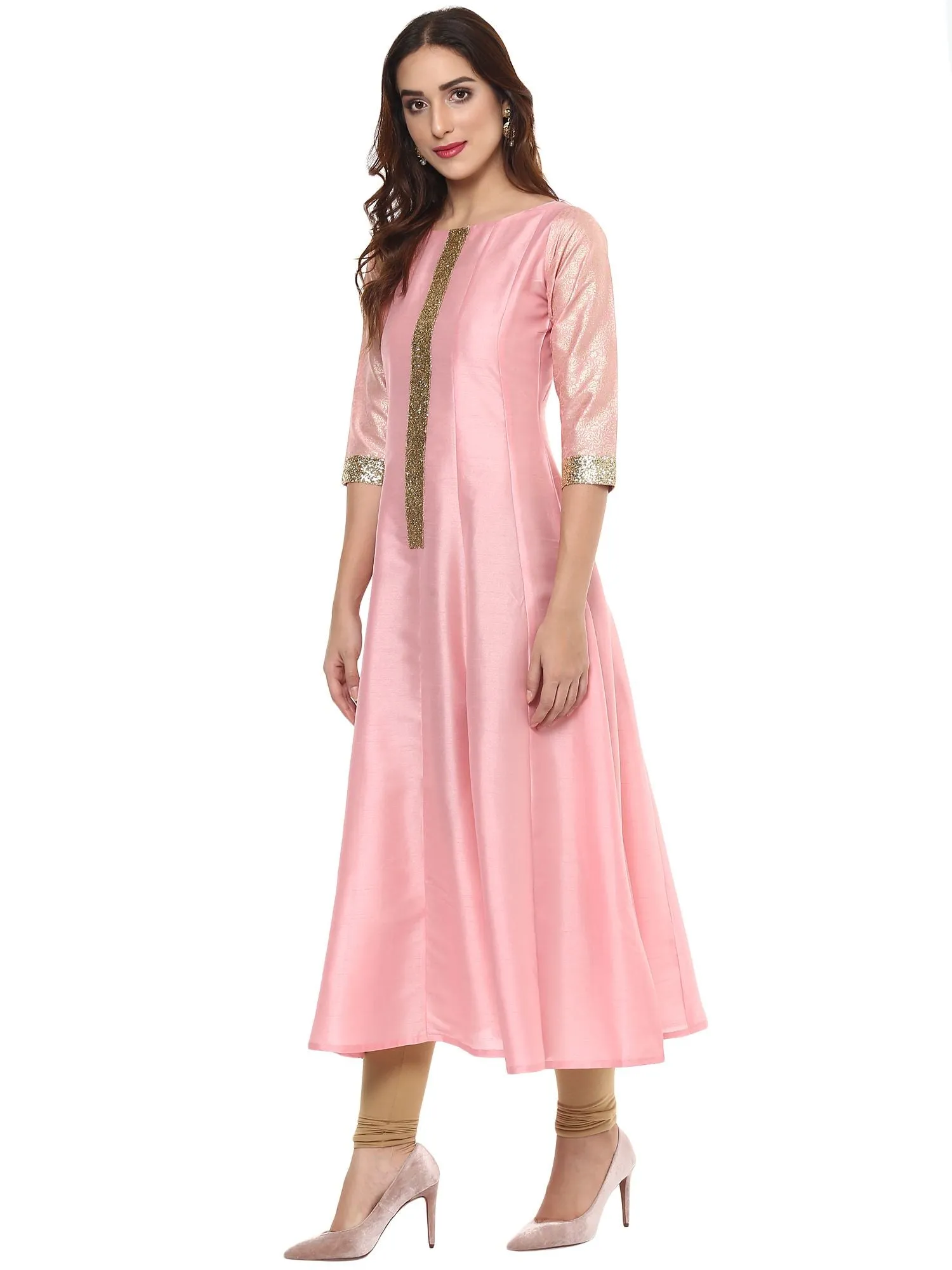 Ahalyaa Women's Pink Poly Silk Kurta