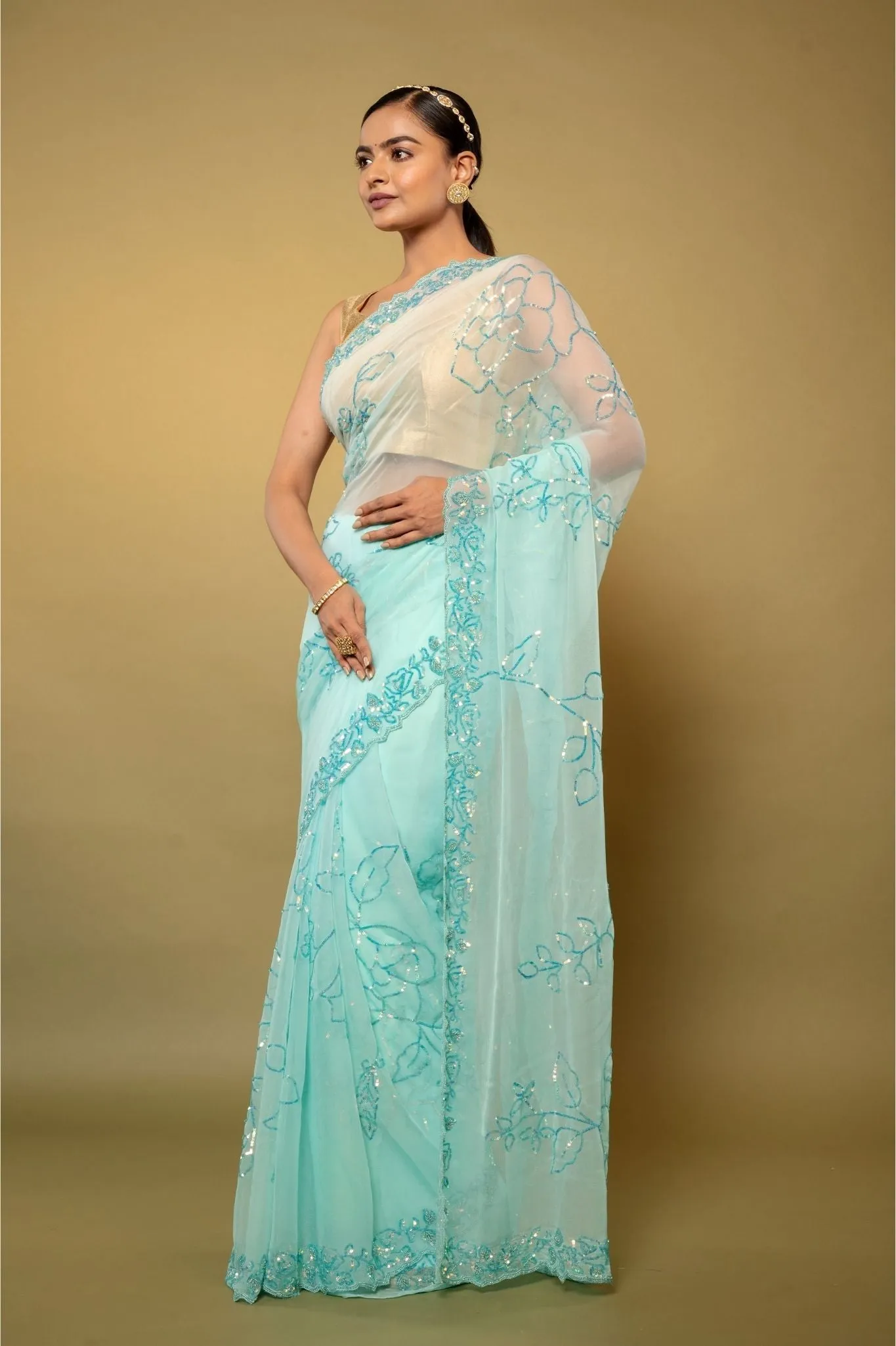 Aqua Blue Chiffon Saree