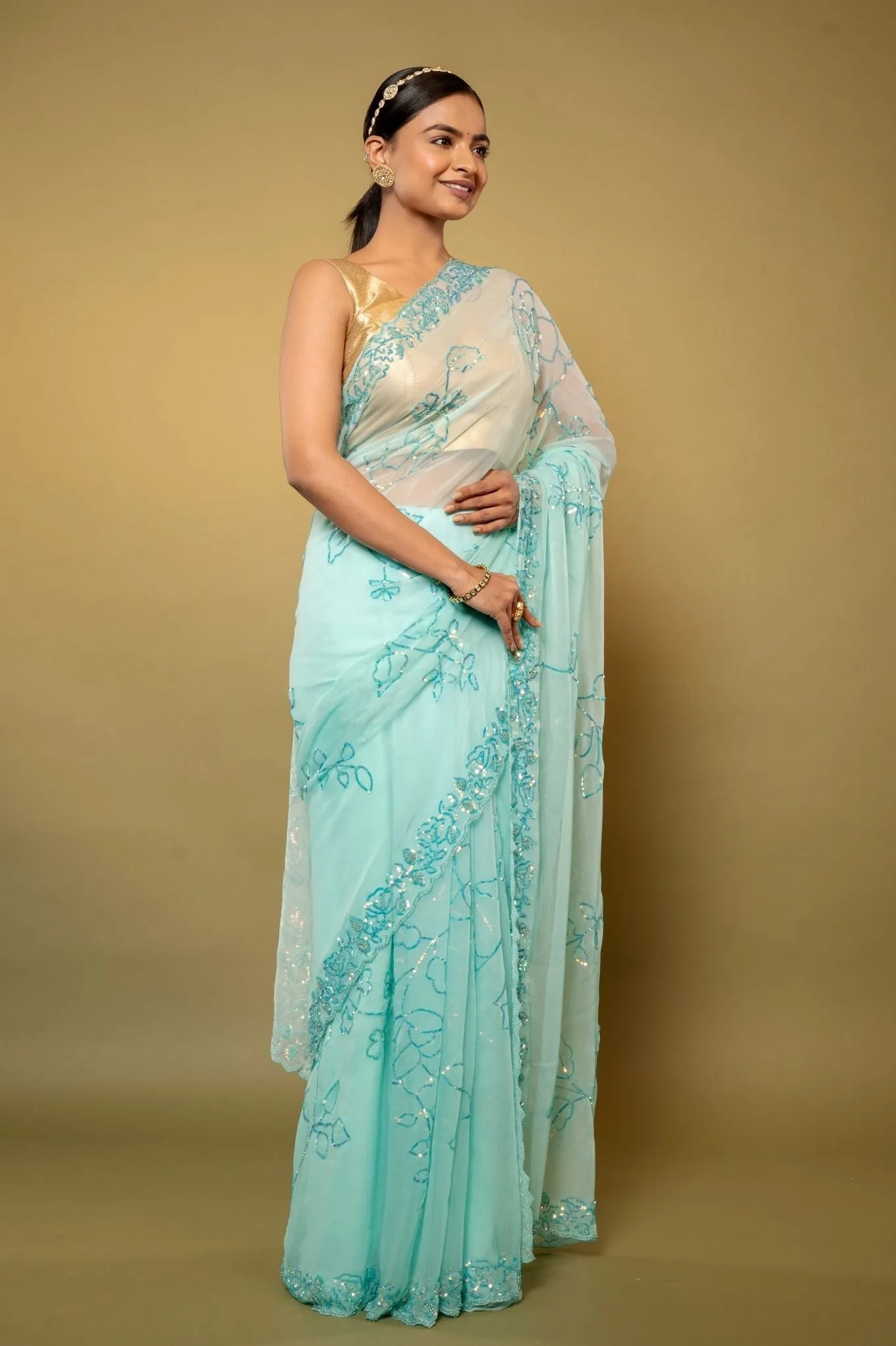 Aqua Blue Chiffon Saree