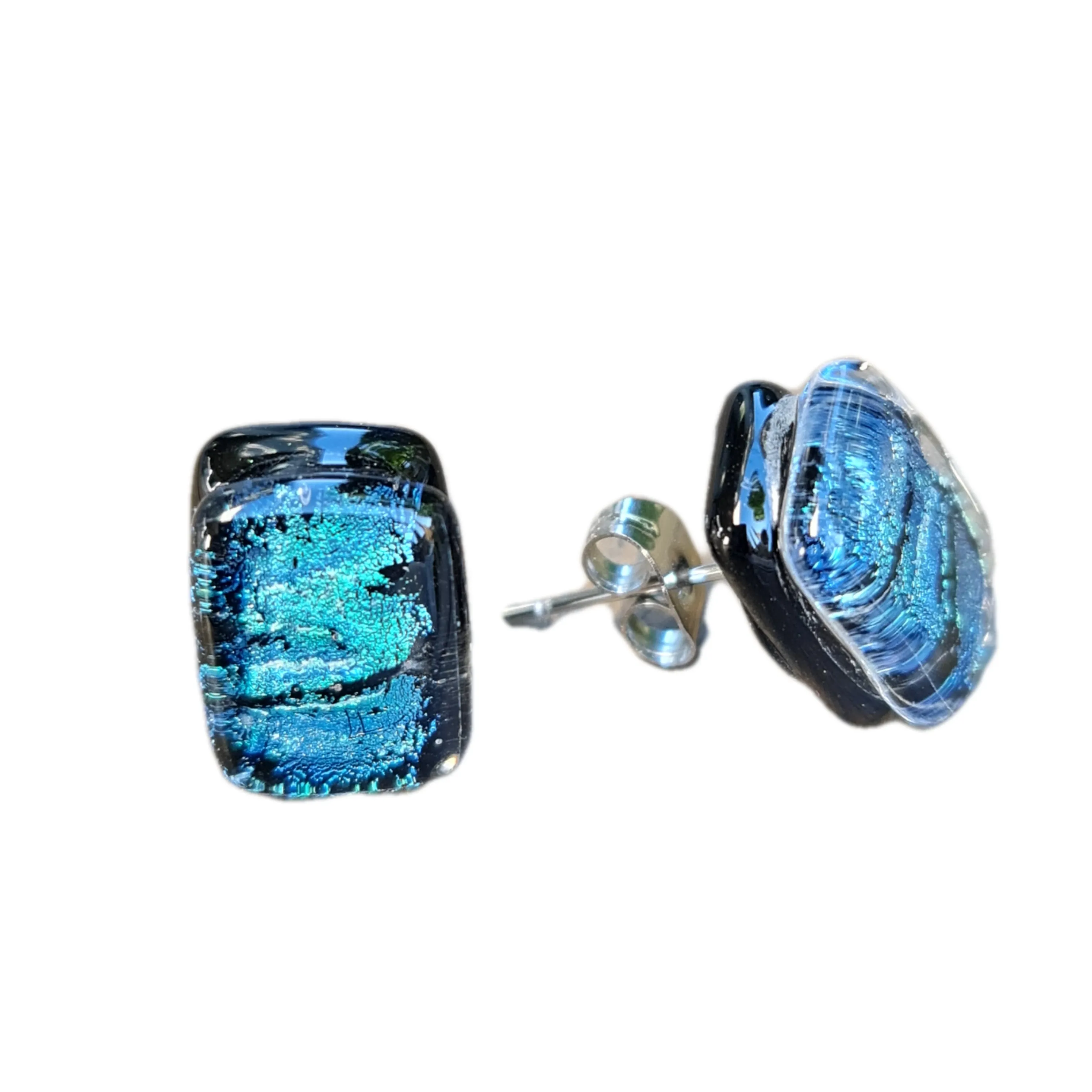 Artisan Glass stud earrings Blue and Black shimmer