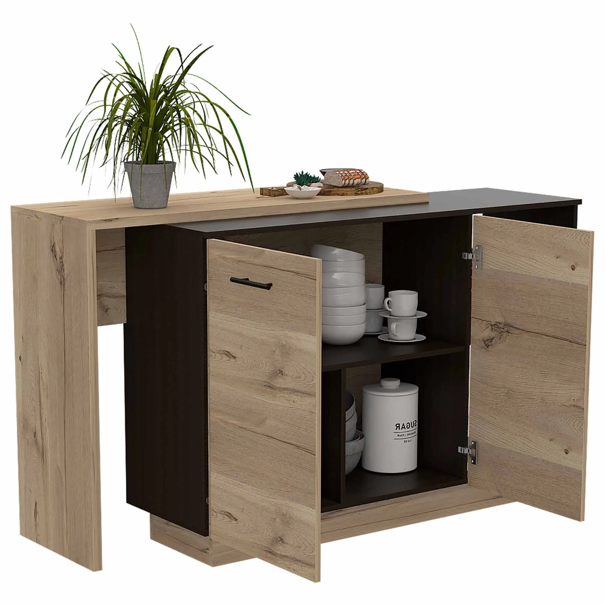 Black and Light Oak Contemporary Kitchen Island with Bar Table