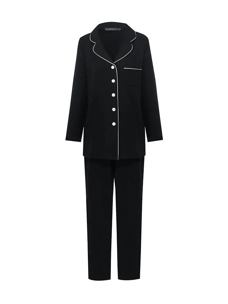 Black Long Sleeves And Pants Lapel Pajamas Two-Piece Set