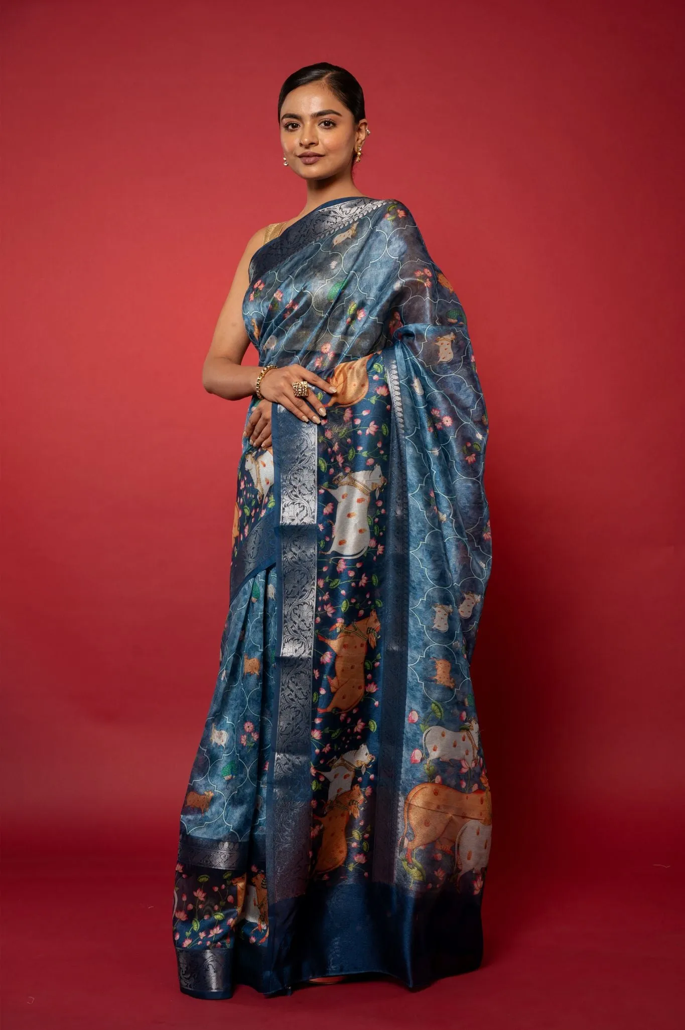 Blue Pichwai Printed Silk Saree