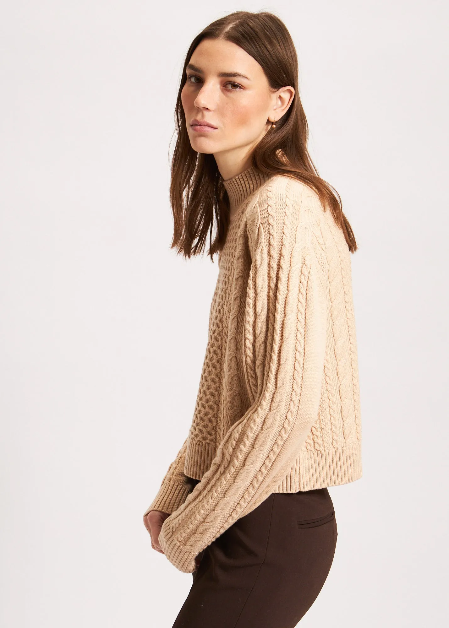 CABLE KNIT MOCK NECK SWEATER