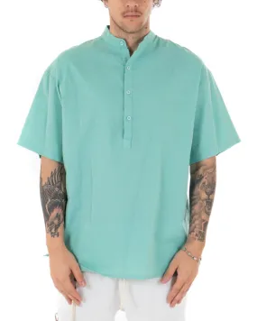 Camicia Uomo Manica Corta Tinta Unita Verde Acqua Collo Coreano Casual GIOSAL-CC1129A