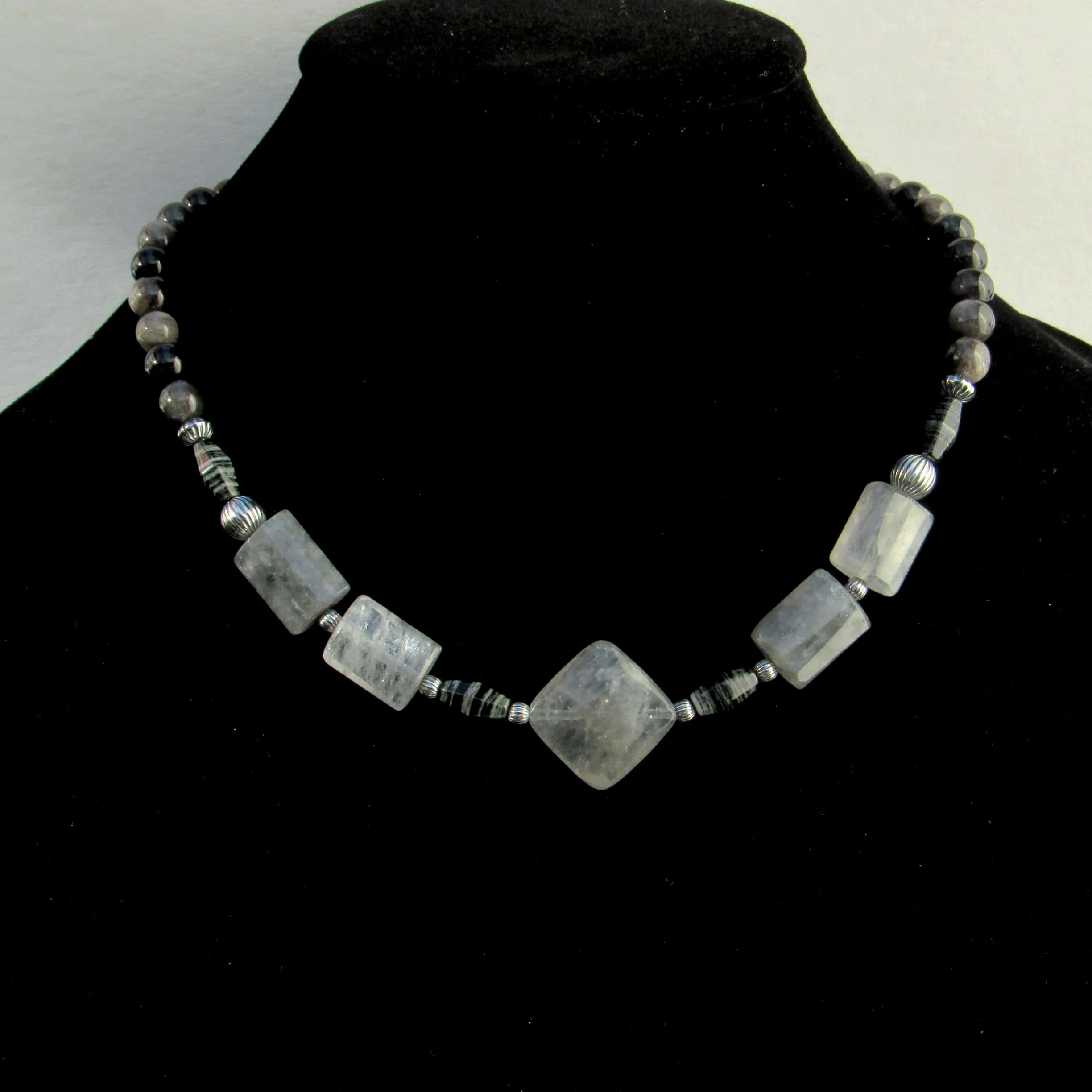 Cloudy Quartz, silver leaf Jasper and silver obsidian with oxidized s silver men’s handmade necklace