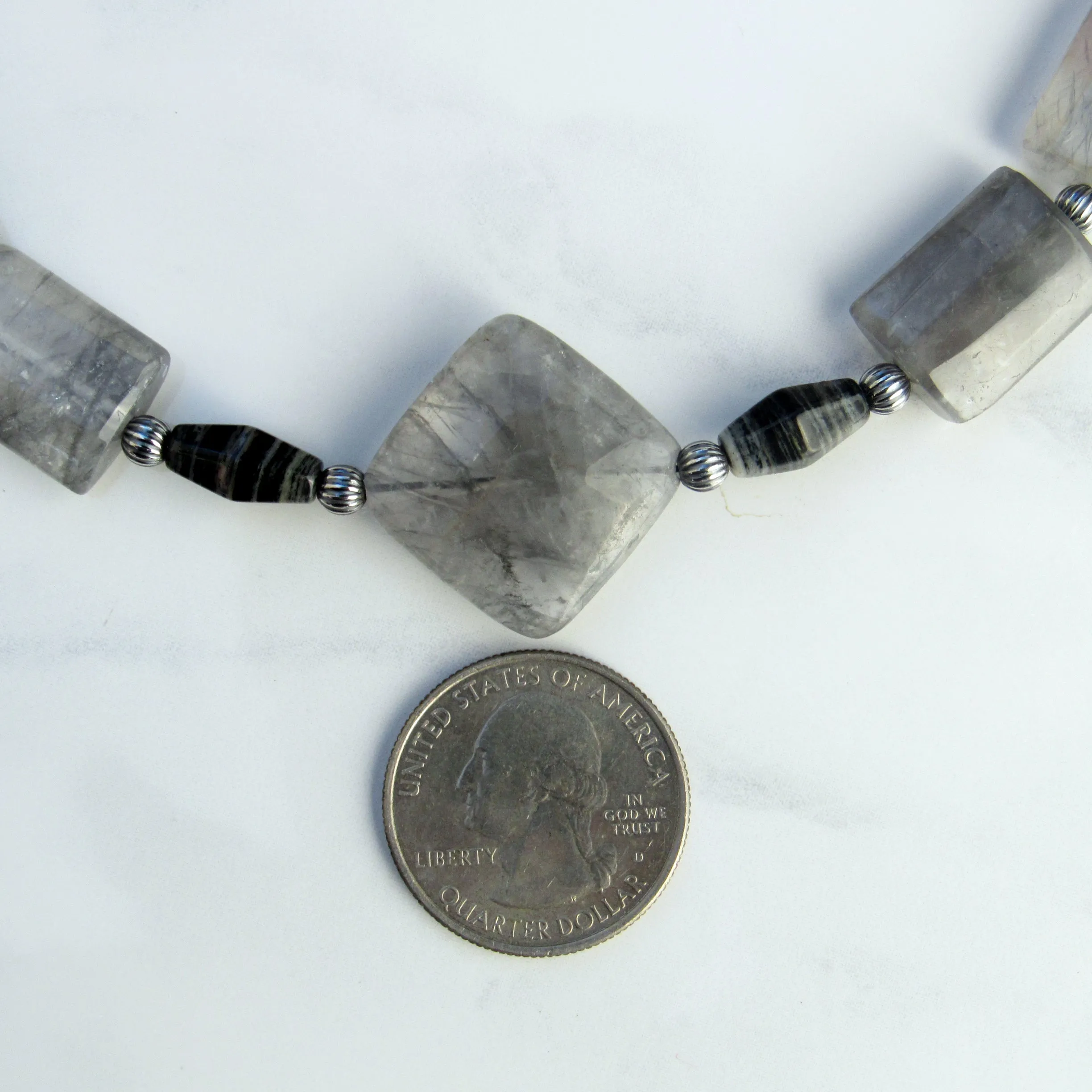 Cloudy Quartz, silver leaf Jasper and silver obsidian with oxidized s silver men’s handmade necklace