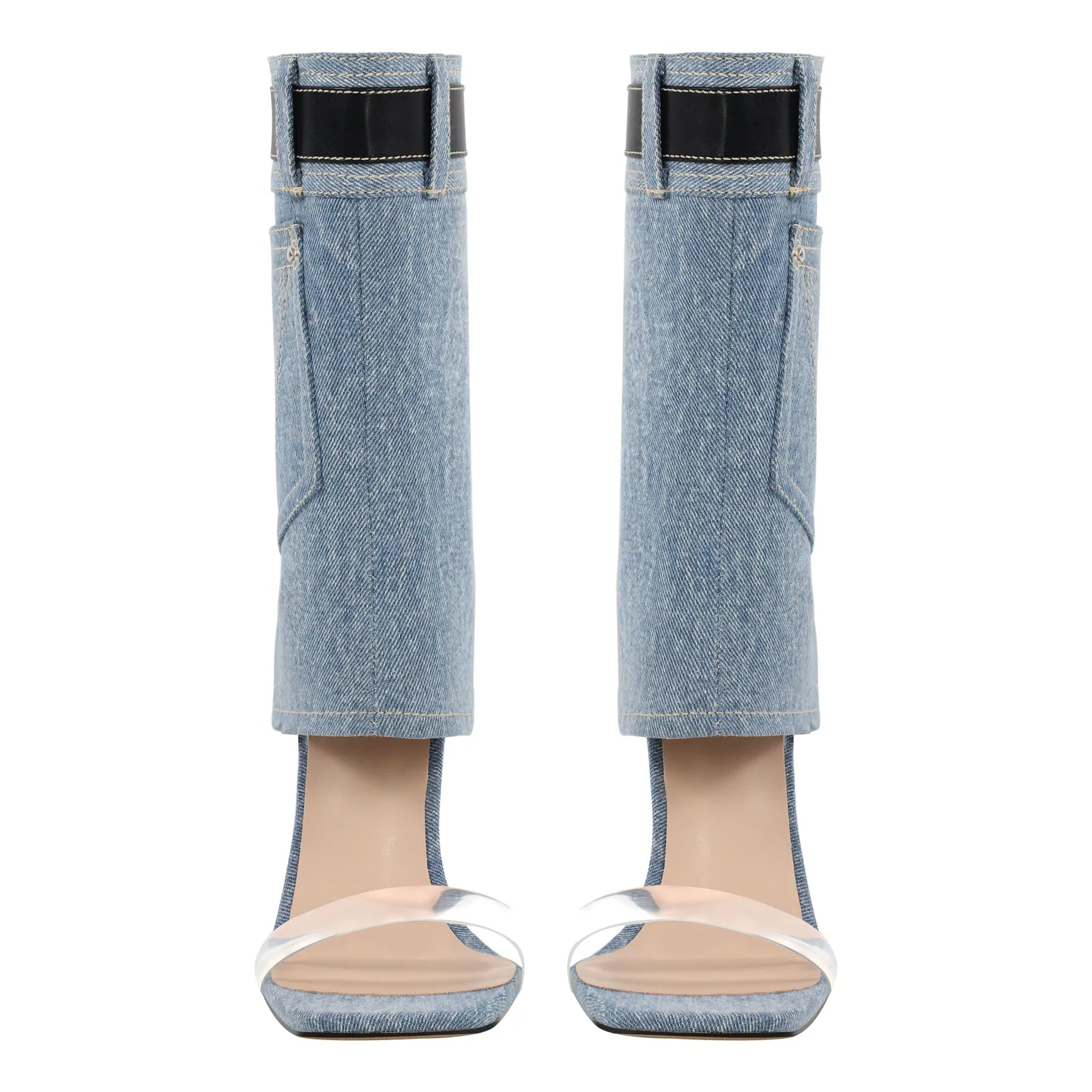 Denim Square Toe Stiletto Ankle Sandals