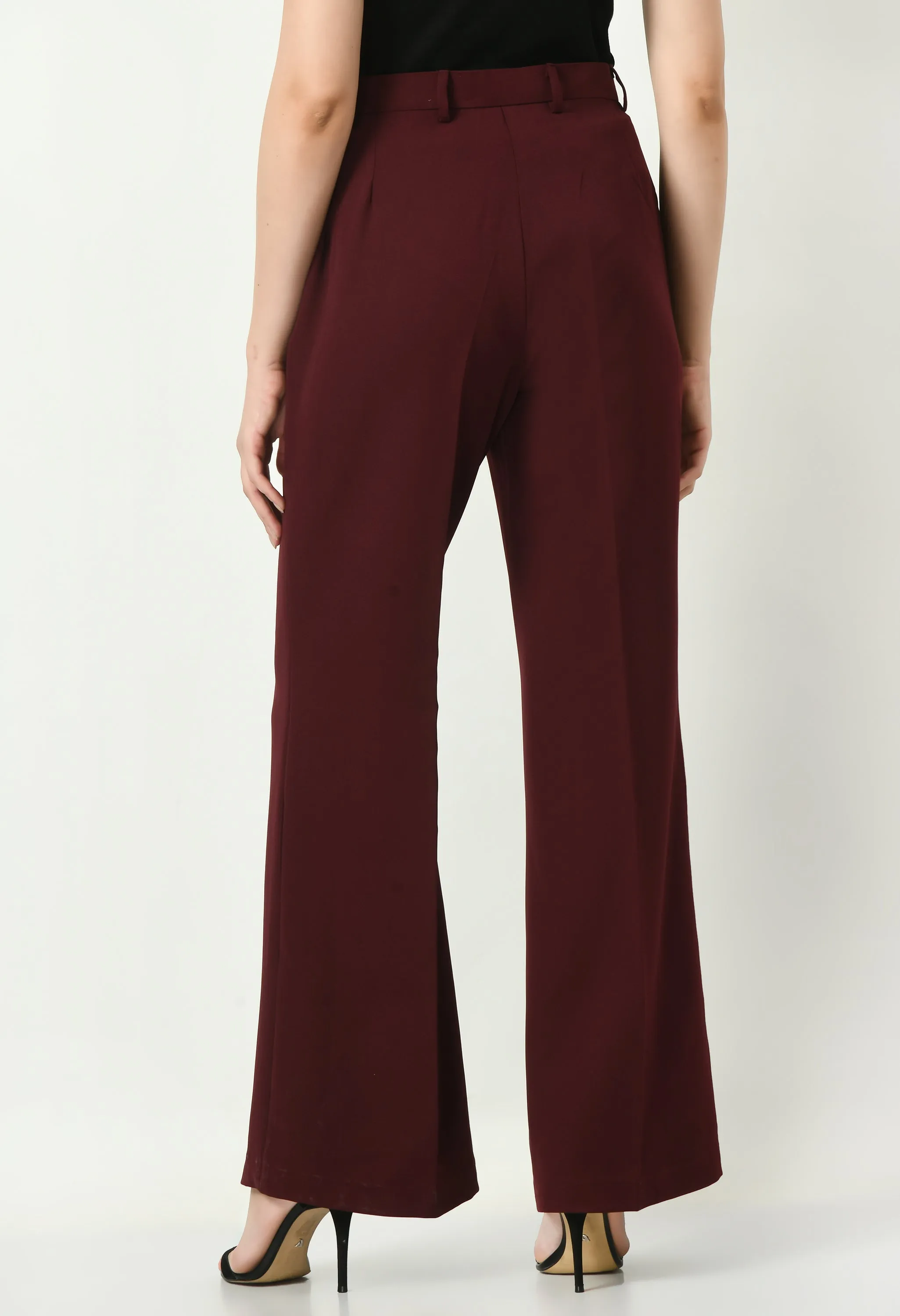 Exude Mastery Solid Long Blazer with Bootcut Trousers (Wine)