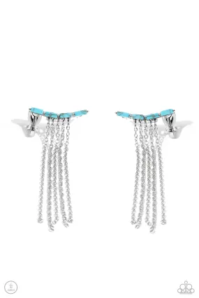 Fault Line Fringe Turquoise Blue Stone & Silver Fringe Ear Crawler Earrings - Paparazzi Accessories