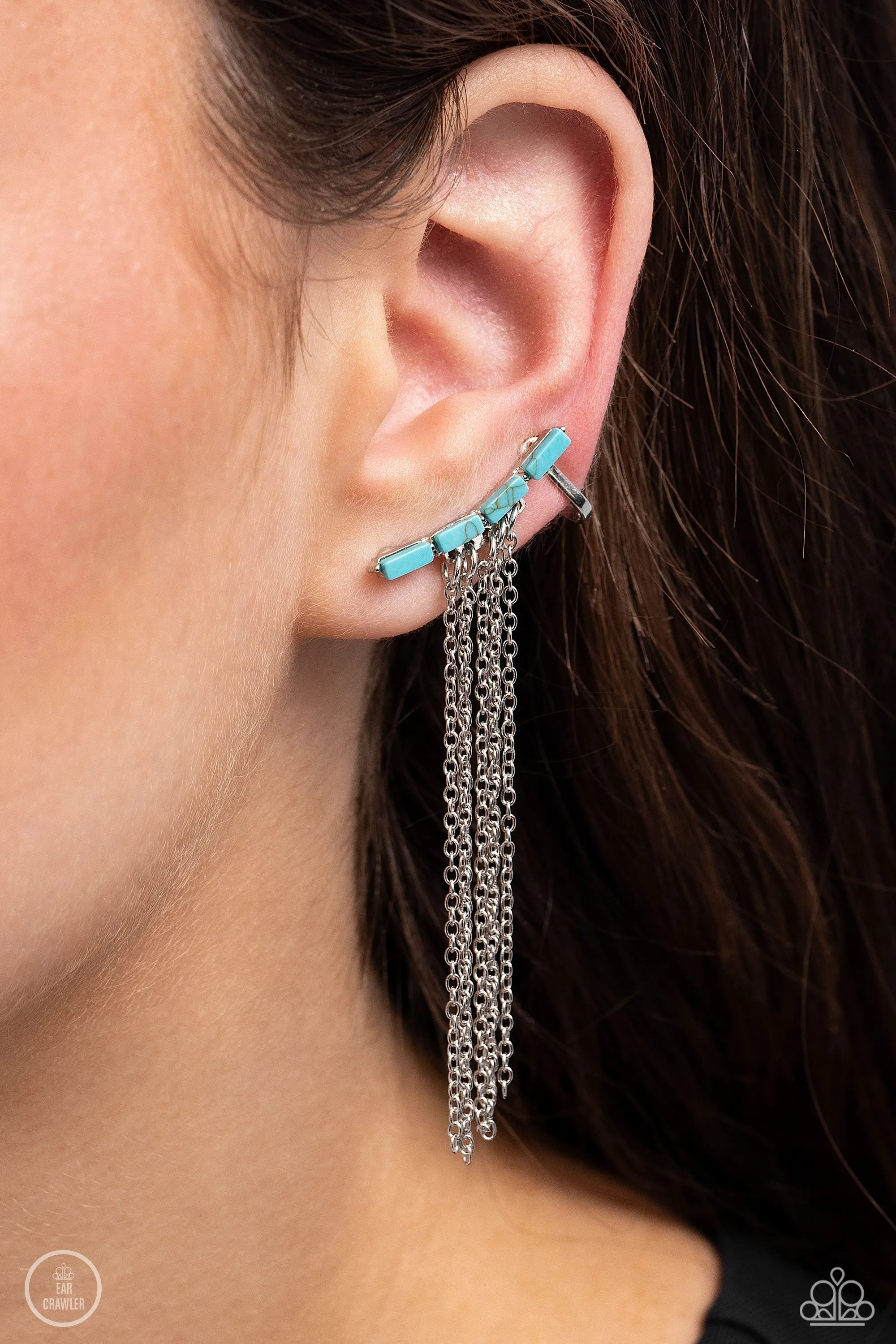 Fault Line Fringe Turquoise Blue Stone & Silver Fringe Ear Crawler Earrings - Paparazzi Accessories