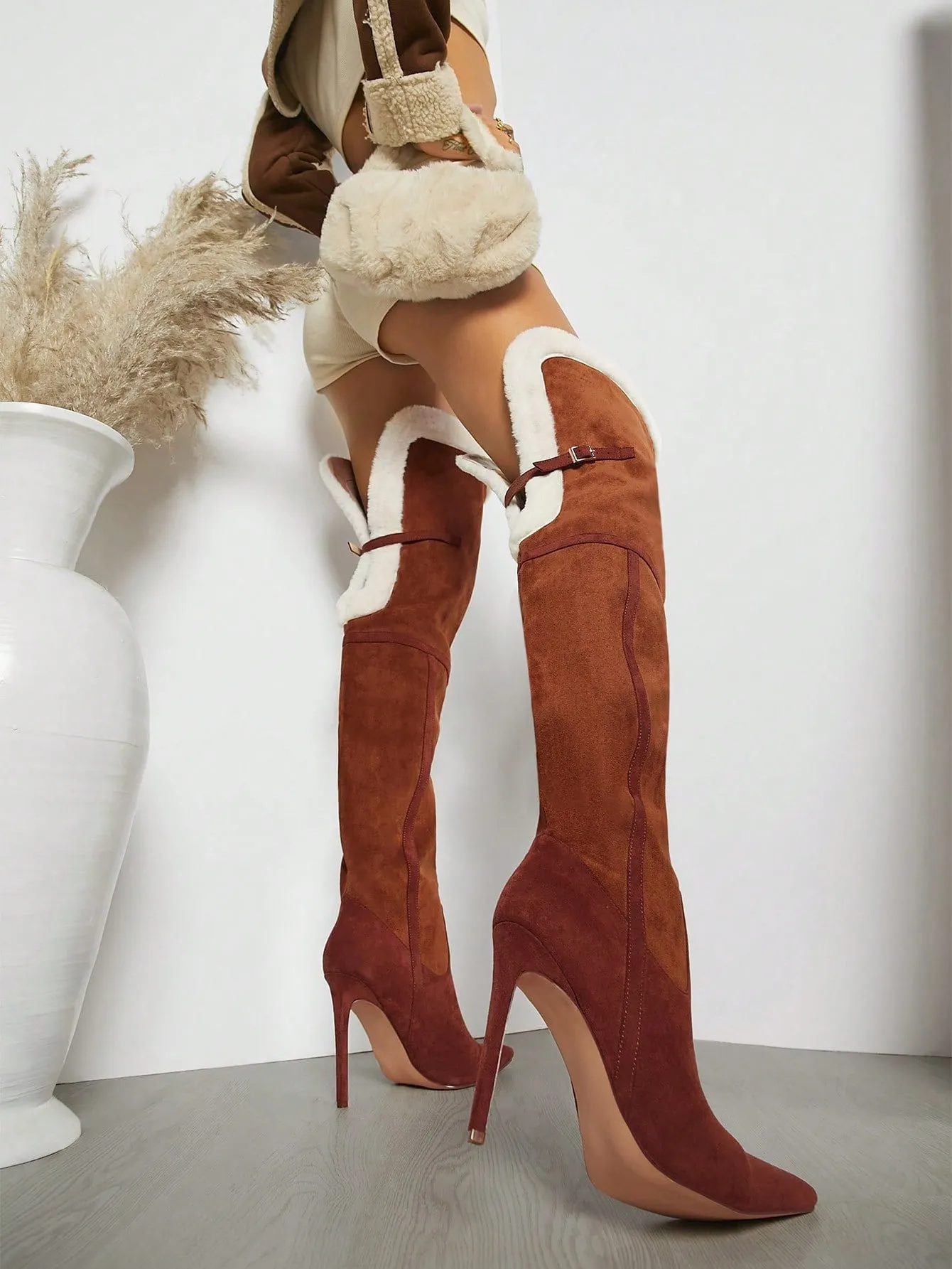 Faux Fur Trim Stiletto Heeled Boots