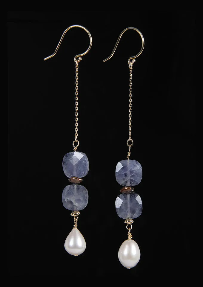 Freshwater and Keshi Pearl, Iolite, and Gold Ear Wires