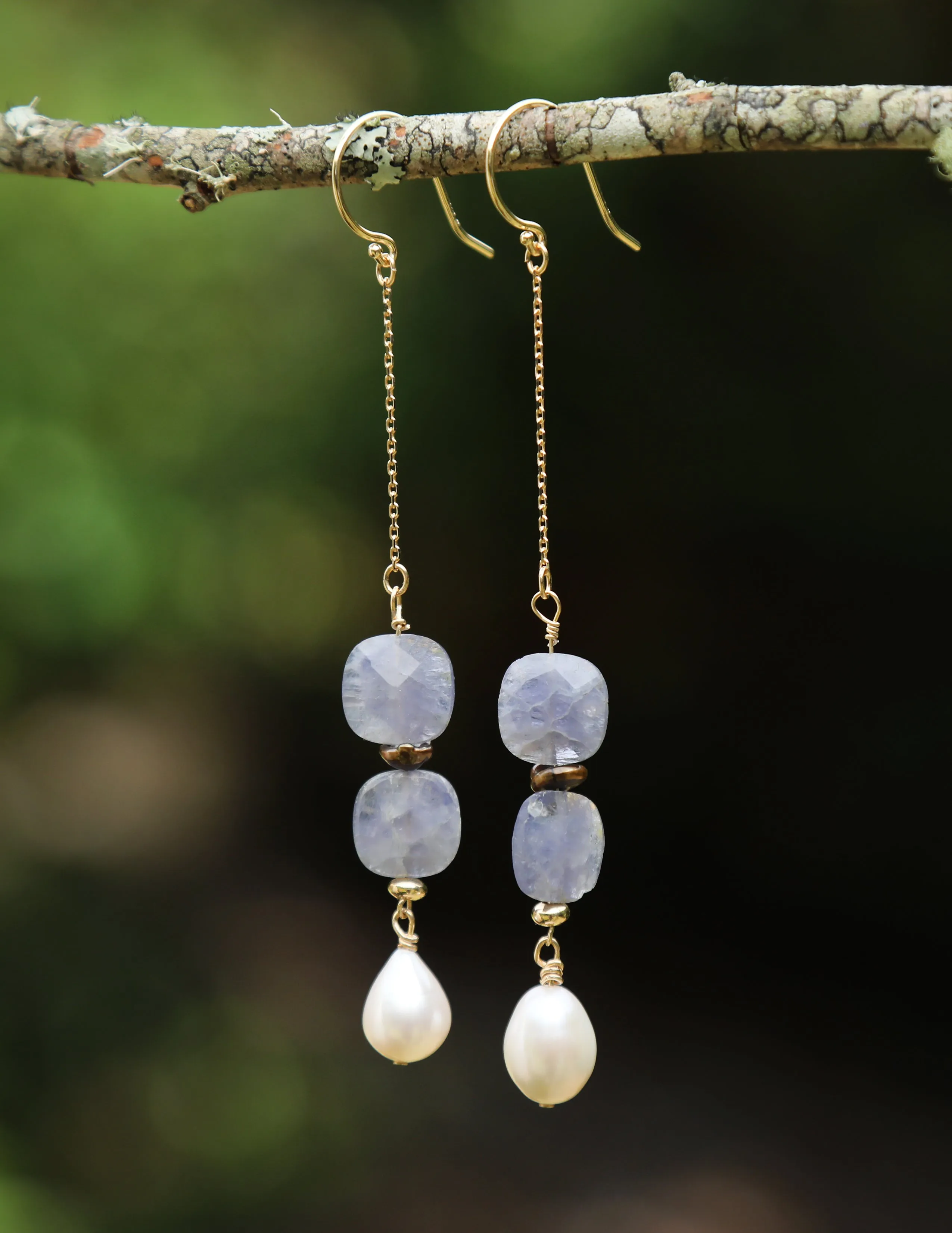 Freshwater and Keshi Pearl, Iolite, and Gold Ear Wires