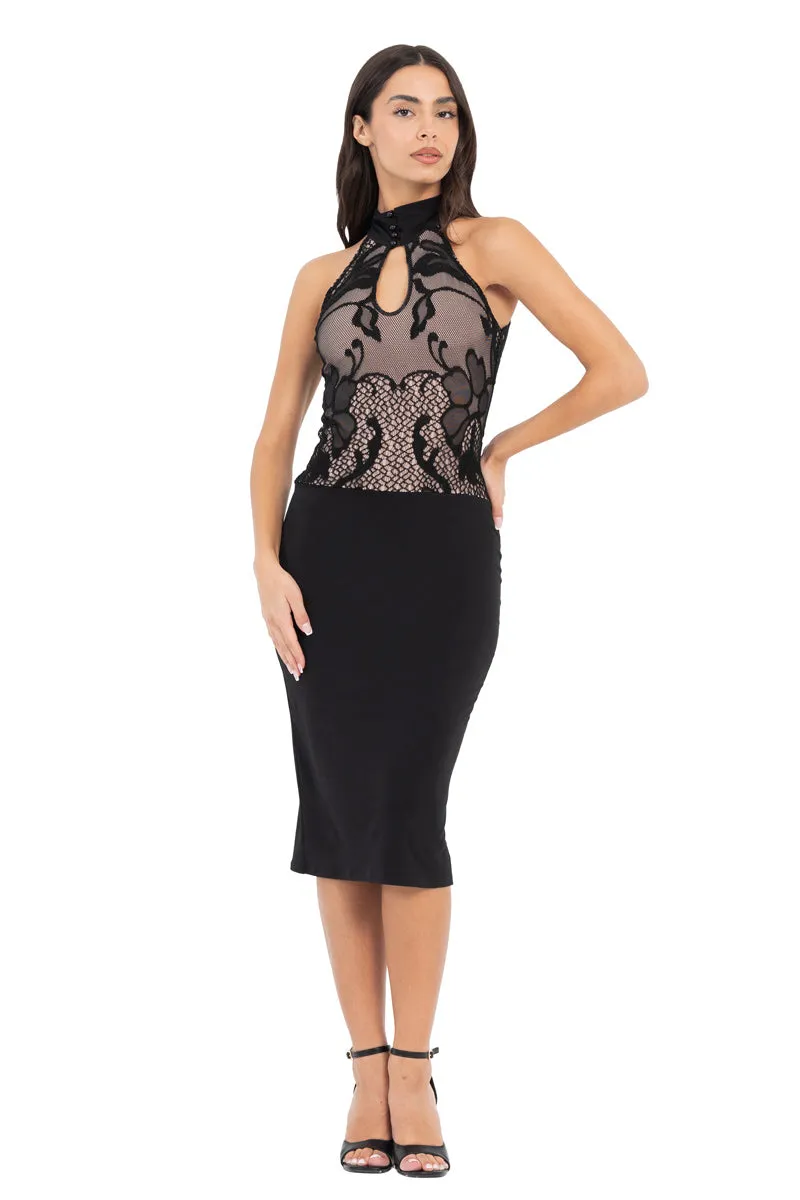 Green Front Key-Hole Bodycon Dress With Lace And Back Ruffles