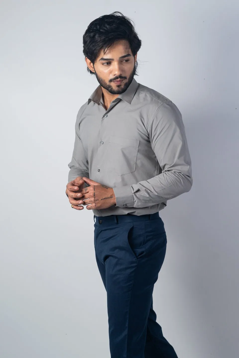 Grey Color Lycra Twill Cotton Shirt For Men