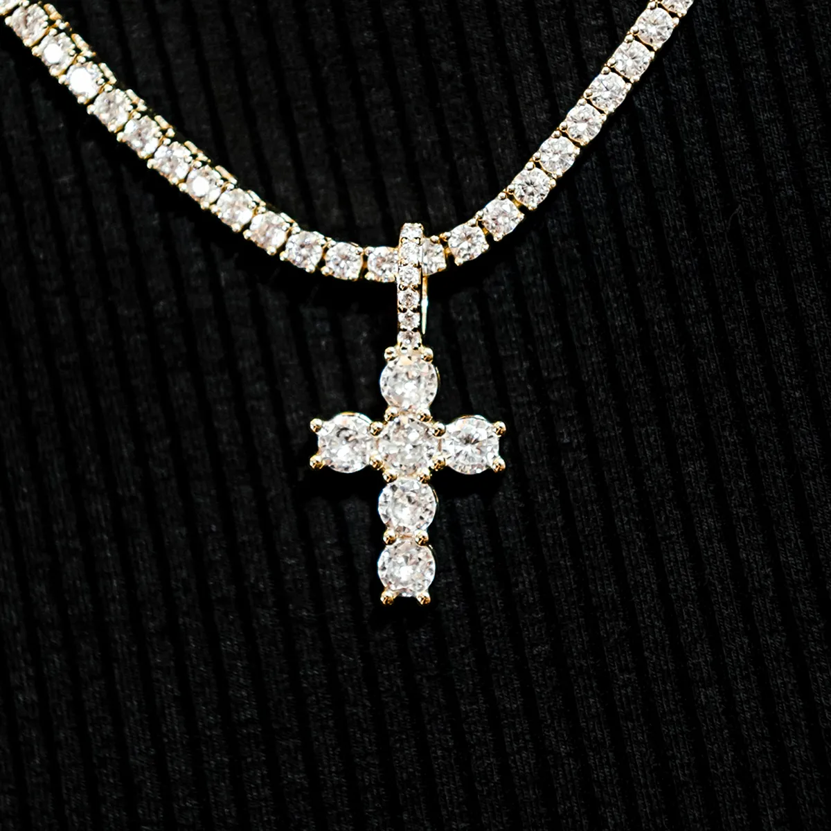 Iced Micro Round Cross in Yellow Gold