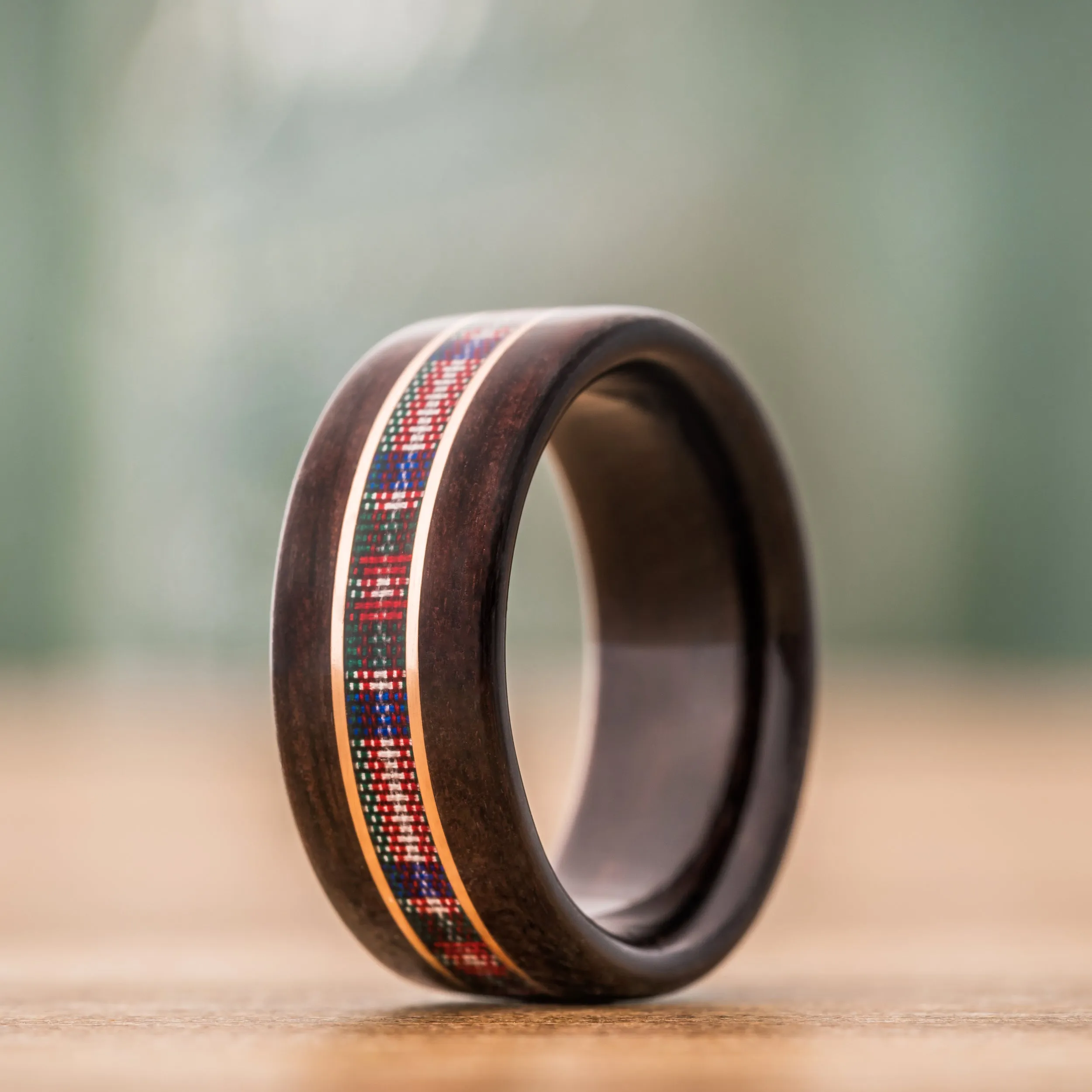 (In-Stock) Custom Tartan | Men's Rosewood Wedding Band with Royal Stewart Dress Modern Tartan & Dual 14k Rose Gold Inlays - Size 10 | 9mm Wide