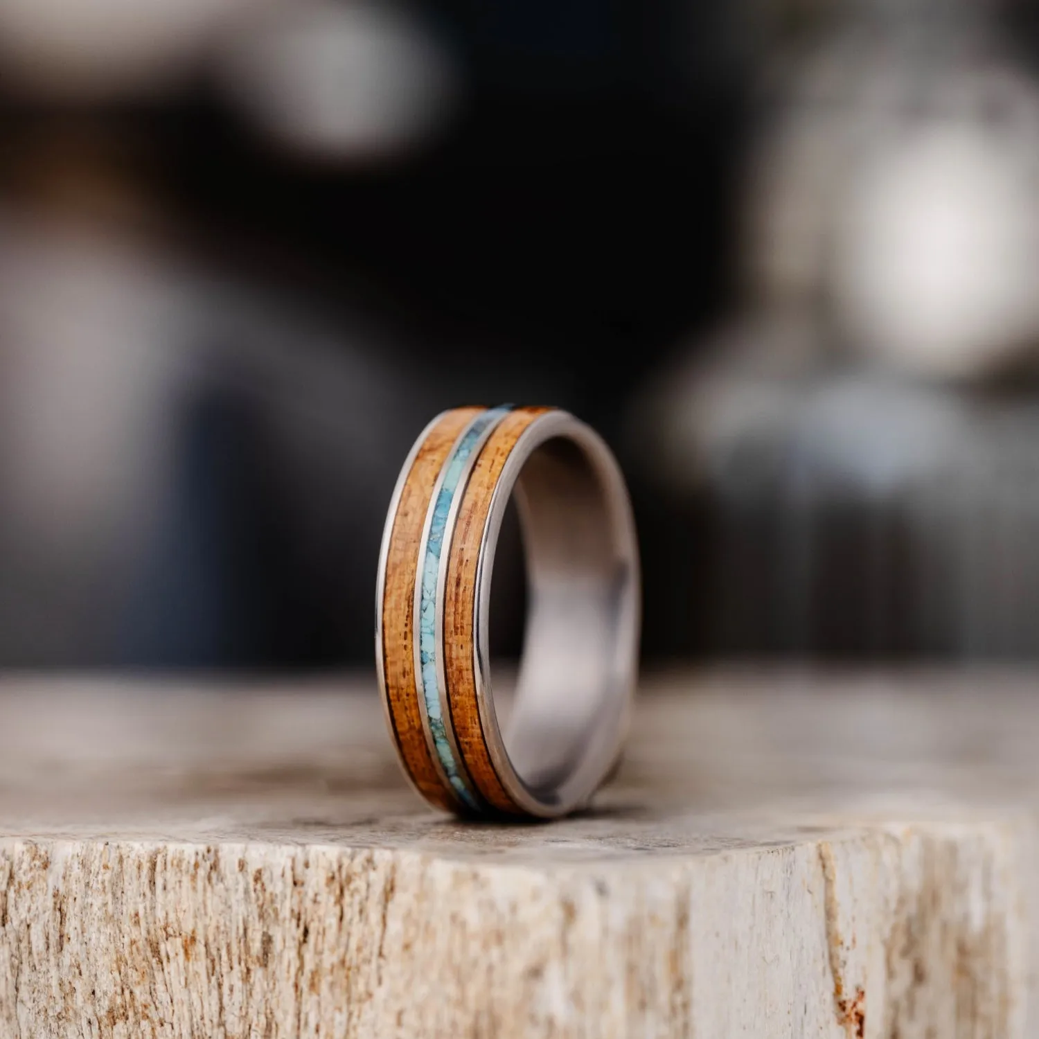 (In-Stock) The Arizonan |  Men's Titanium Wedding Band with Arizona Mesquite Wood & Turquoise - Size 10.5 | 7mm Wide