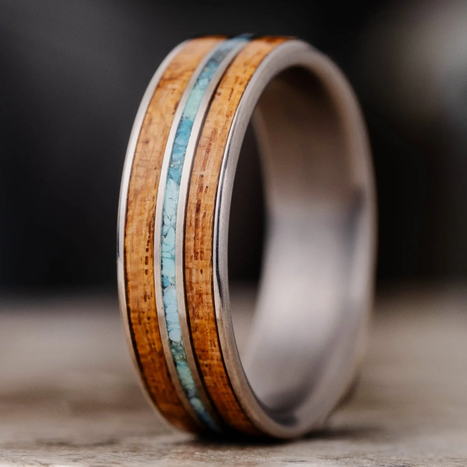 (In-Stock) The Arizonan |  Men's Titanium Wedding Band with Arizona Mesquite Wood & Turquoise - Size 10.5 | 7mm Wide