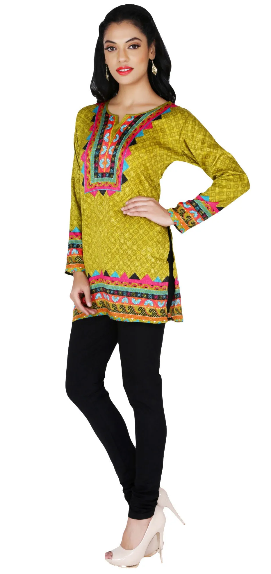 India Long Tunic Top Kurti Womens Printed Indian Apparel (Green)