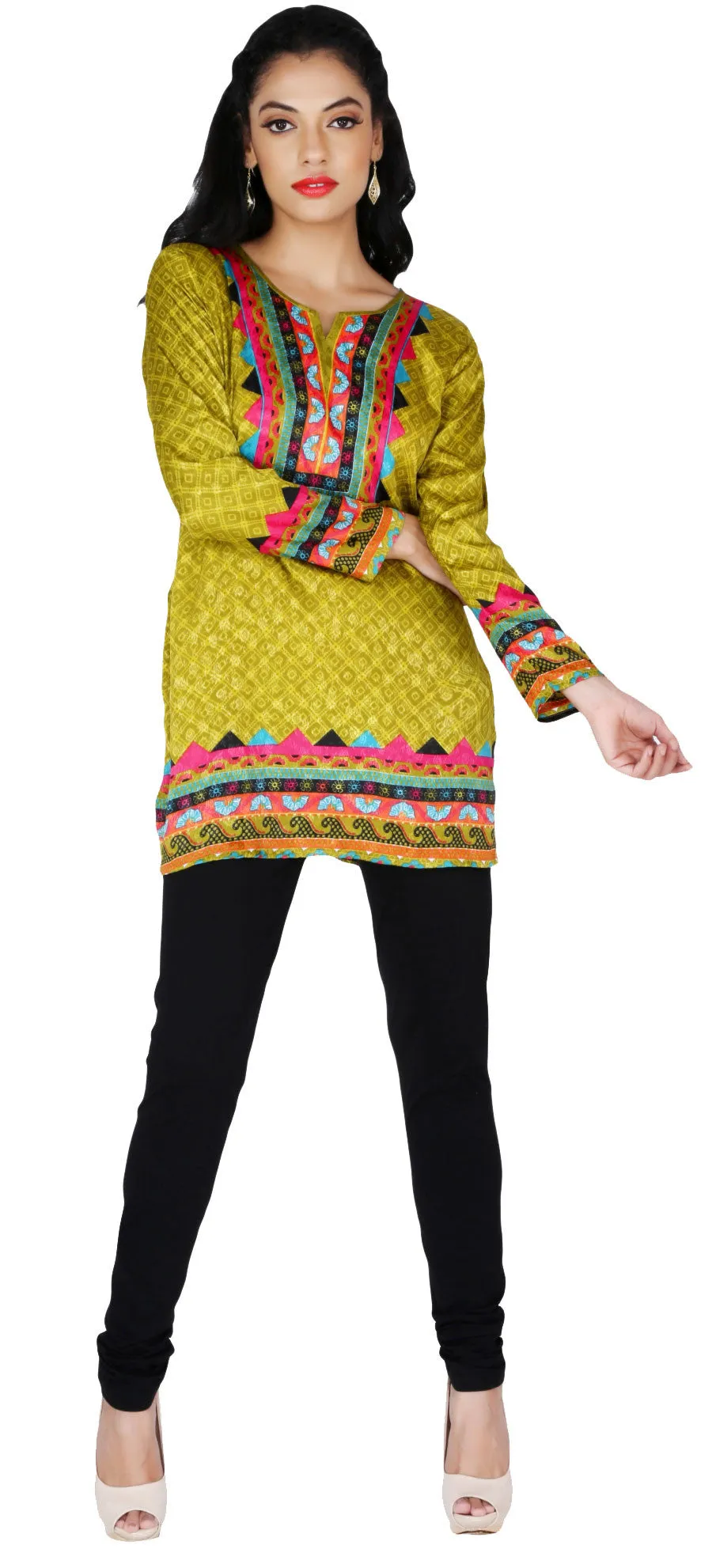 India Long Tunic Top Kurti Womens Printed Indian Apparel (Green)