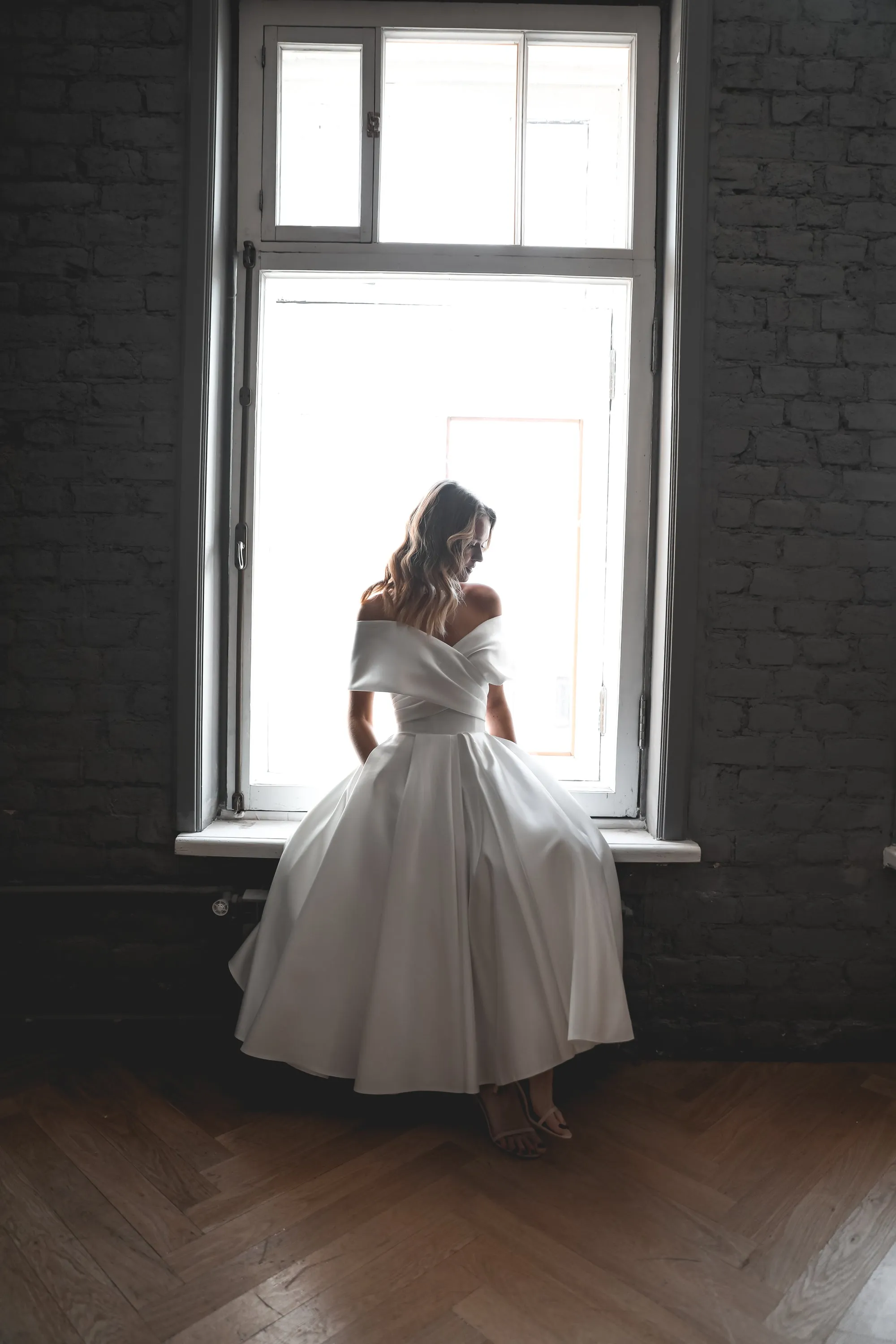 Light ivory Satin Midi Wedding Dress Cameron