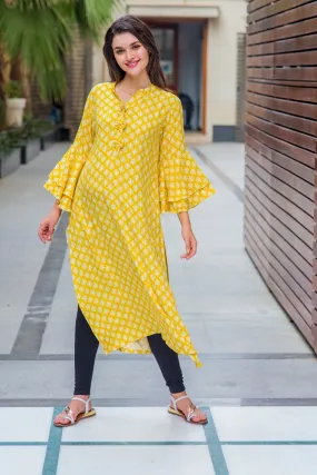 Lime Yellow Tiered Bell Sleeves Maternity & Nursing Kurta