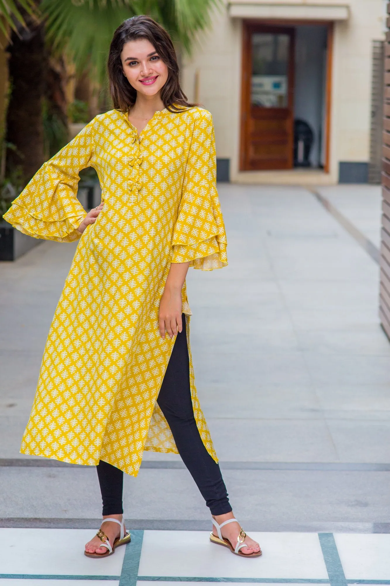 Lime Yellow Tiered Bell Sleeves Maternity & Nursing Kurta