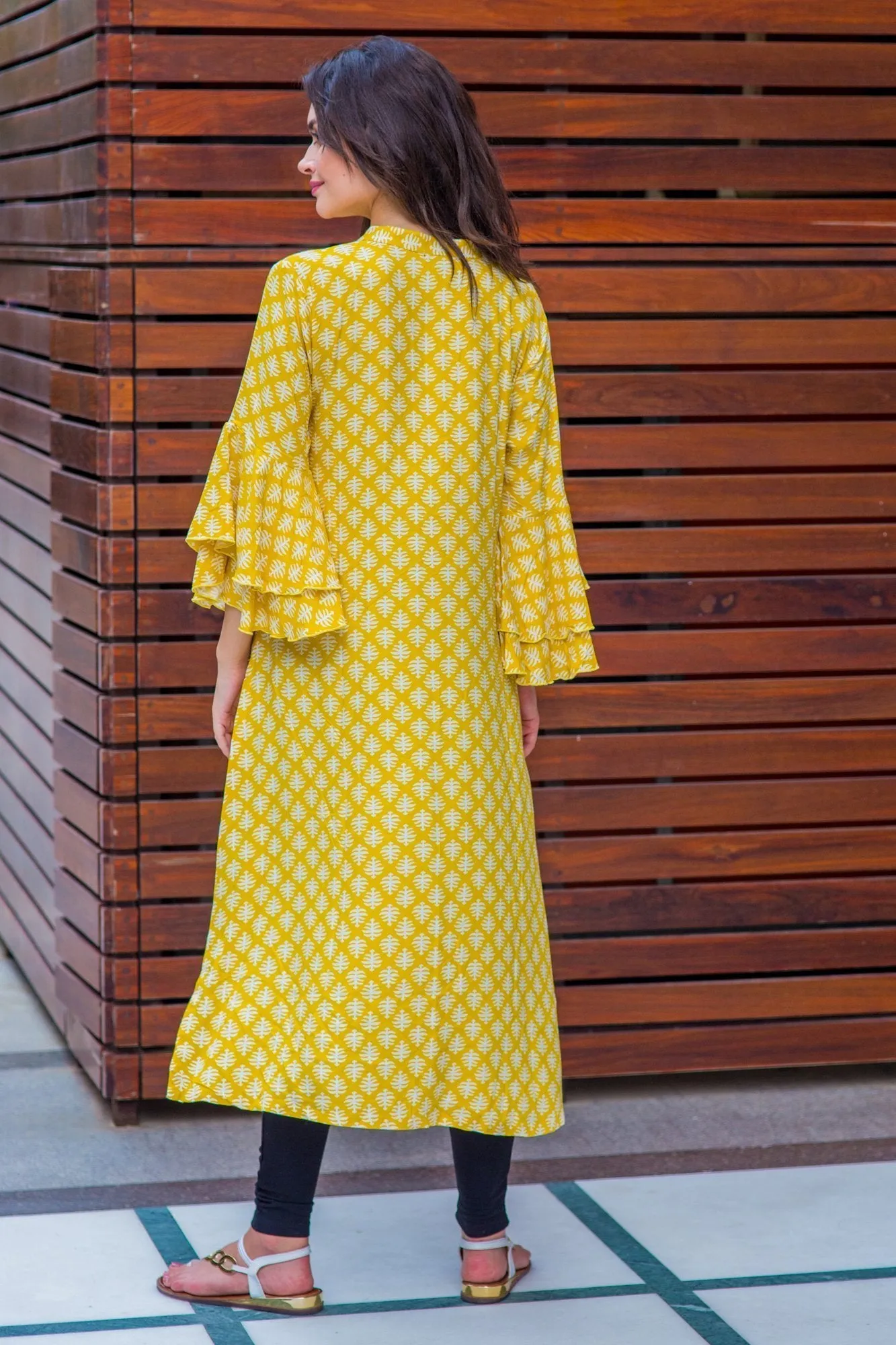 Lime Yellow Tiered Bell Sleeves Maternity & Nursing Kurta