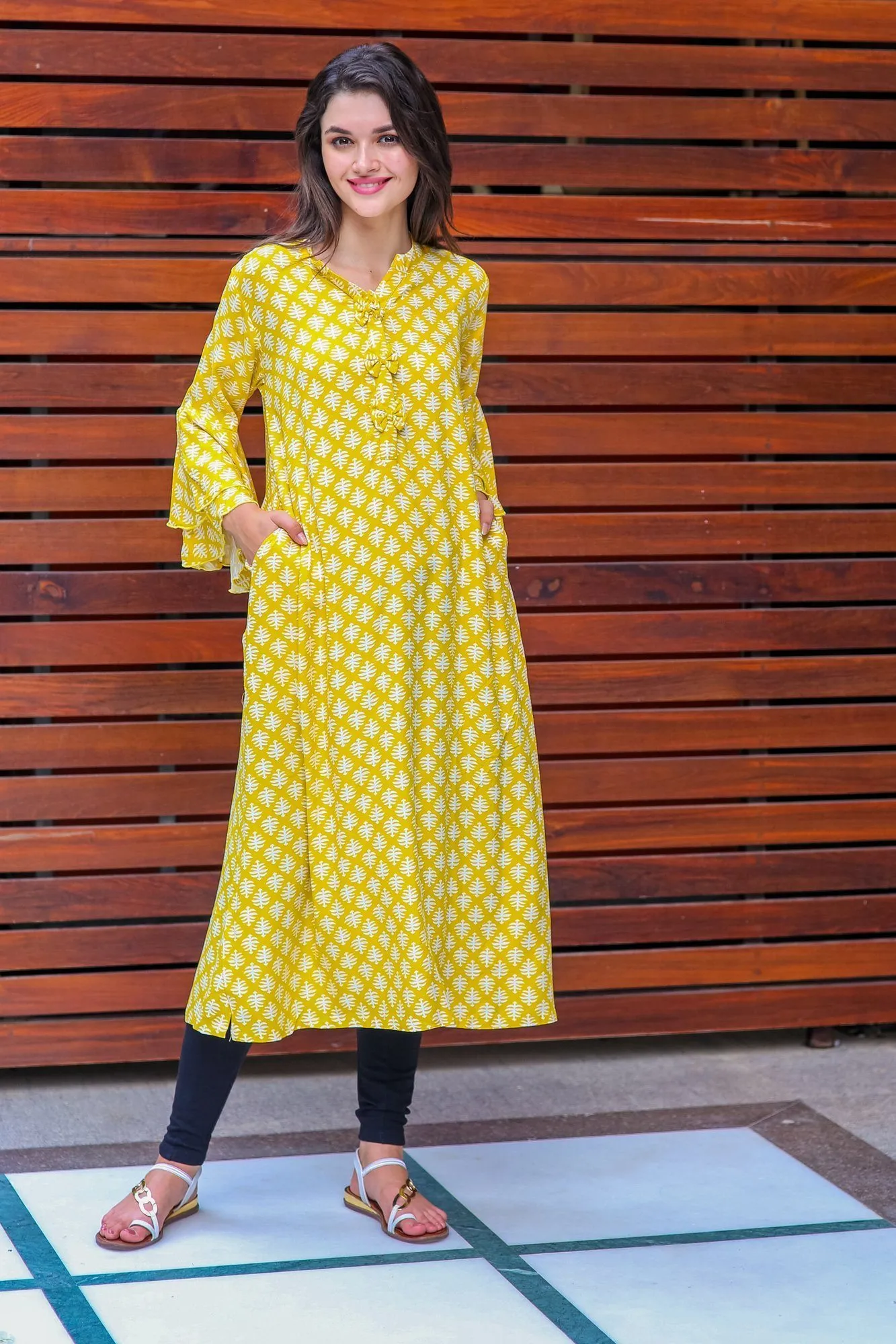 Lime Yellow Tiered Bell Sleeves Maternity & Nursing Kurta