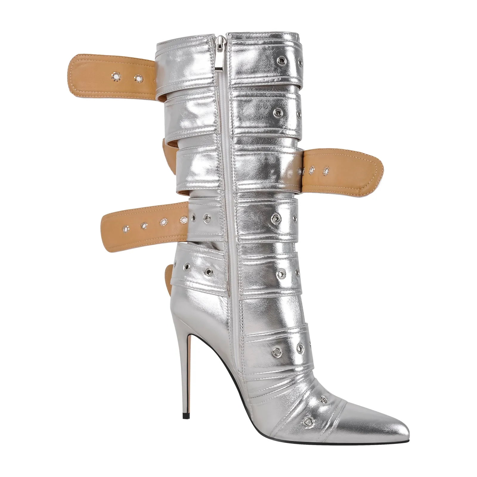 Metallic Pointed Toe Buckles Stiletto Ankle Boots