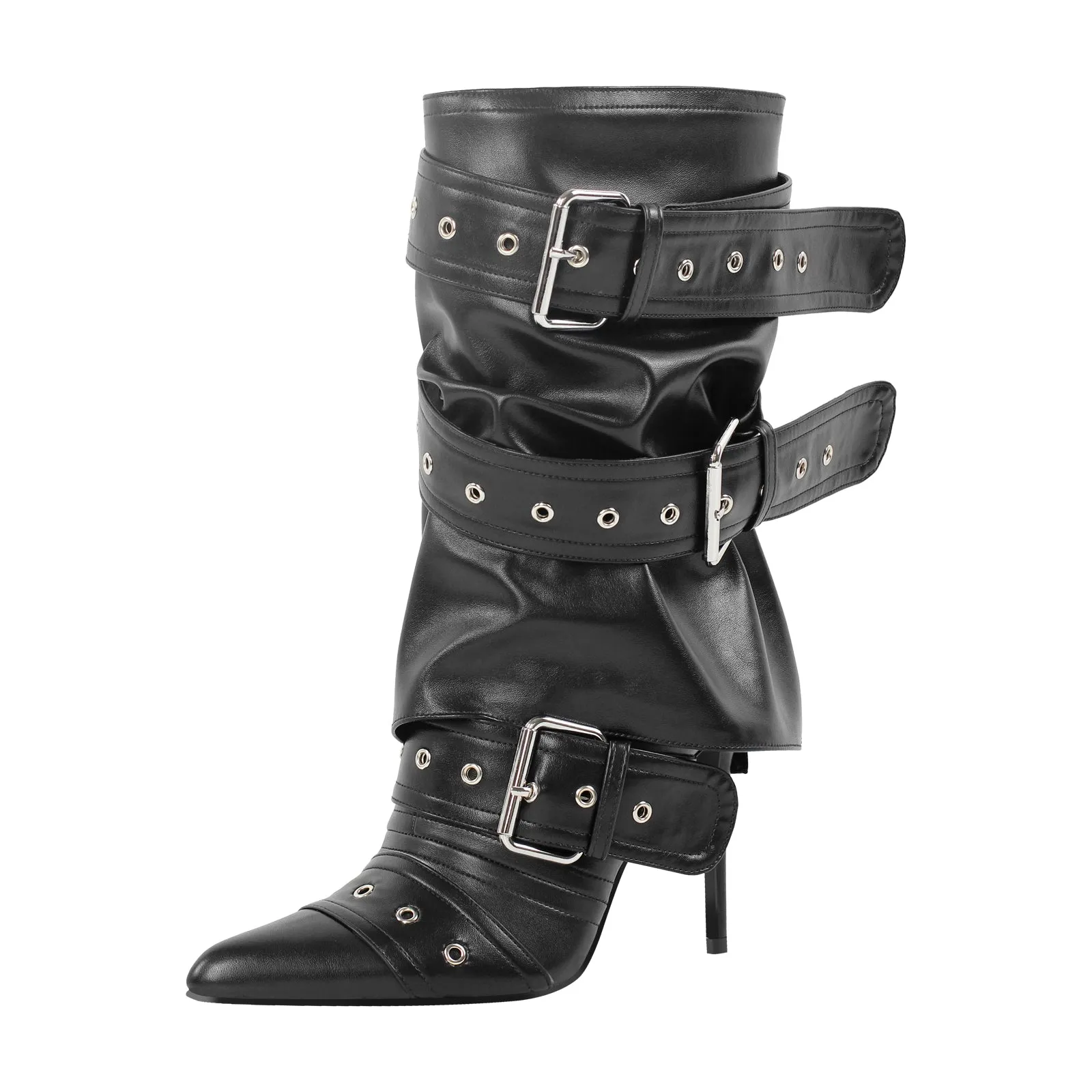 Metallic Pointed Toe Buckles Stiletto Ankle Boots