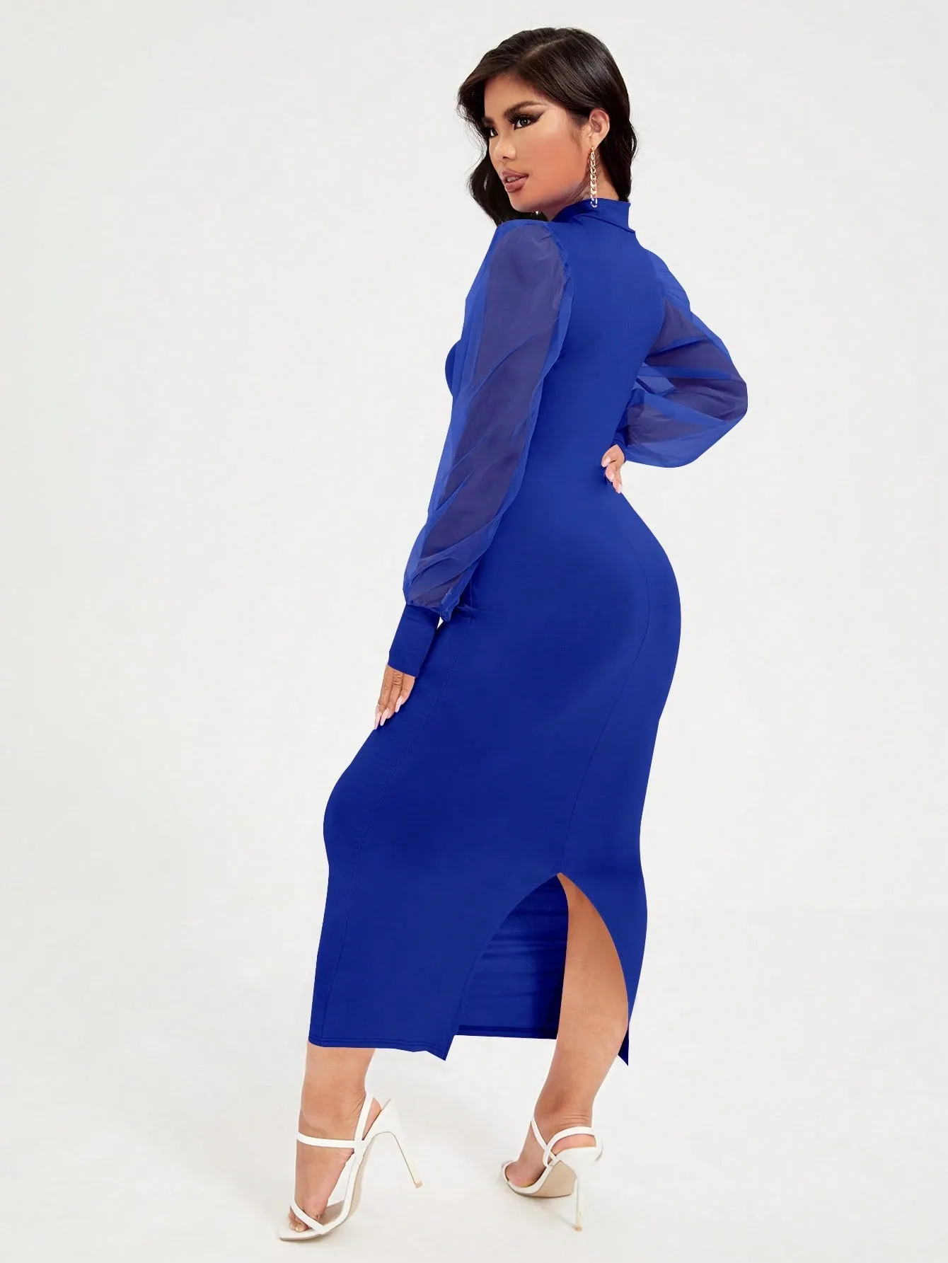 Mock Neck Mesh Bell Sleeve Maxi Dress