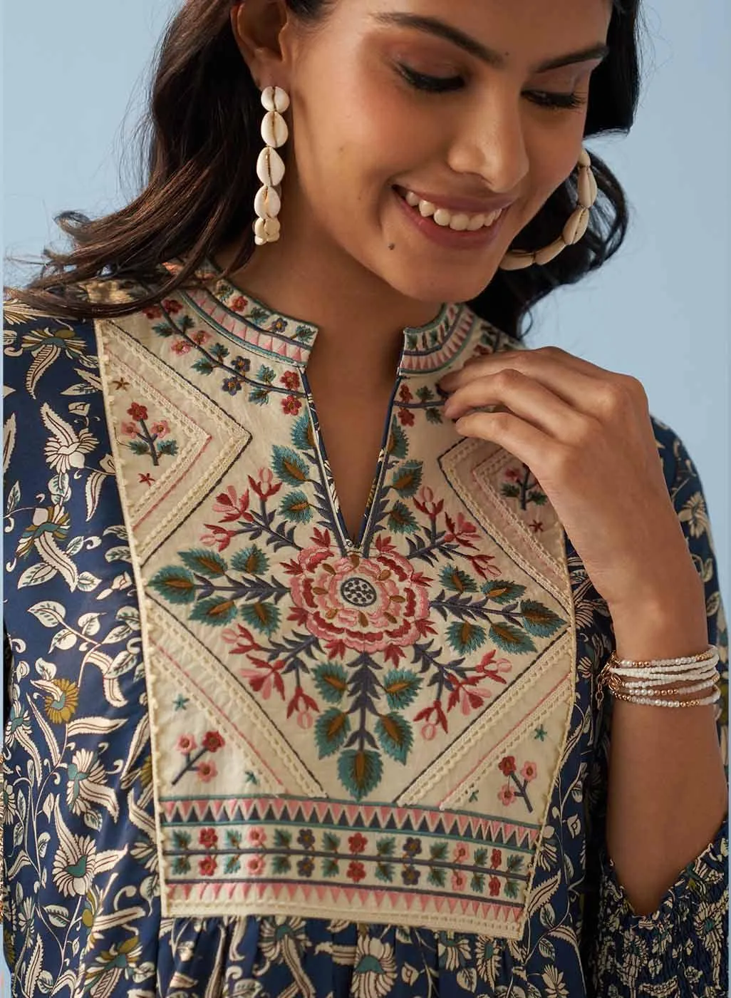 Navy Blue Multi Color Printed Short Tunic with Yoke Embroidery