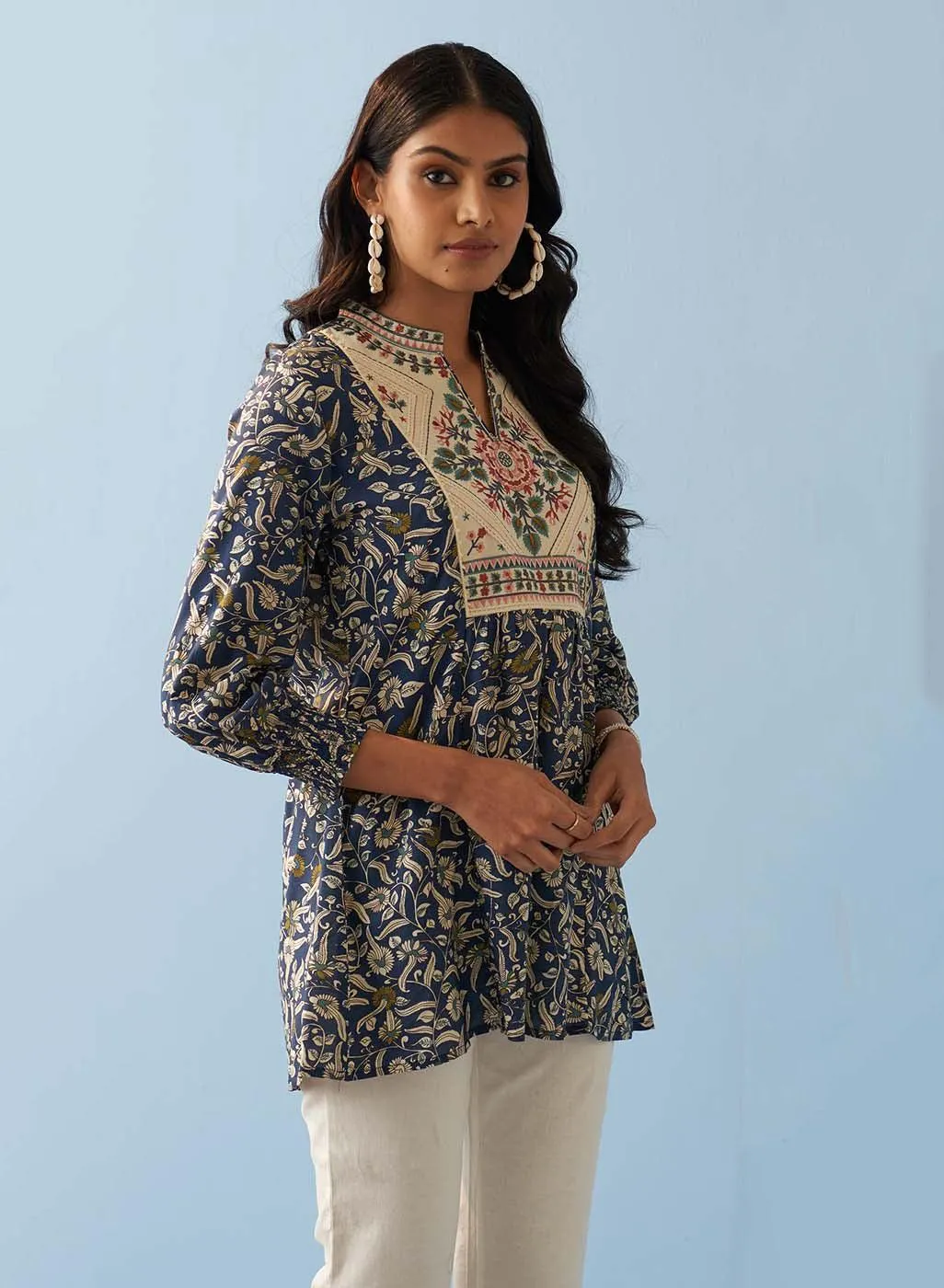 Navy Blue Multi Color Printed Short Tunic with Yoke Embroidery