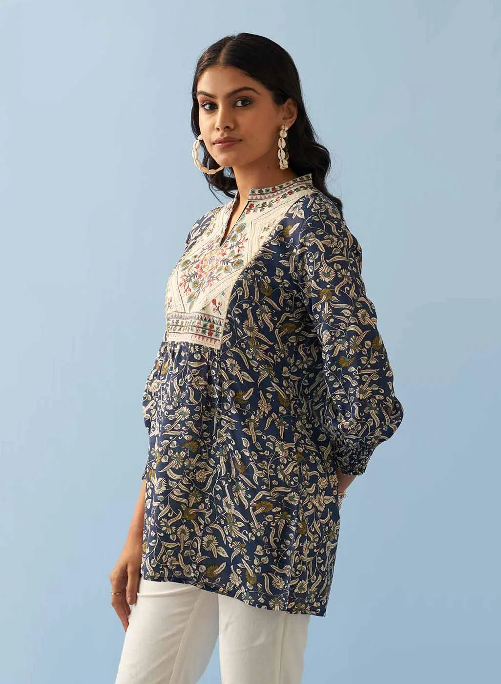 Navy Blue Multi Color Printed Short Tunic with Yoke Embroidery