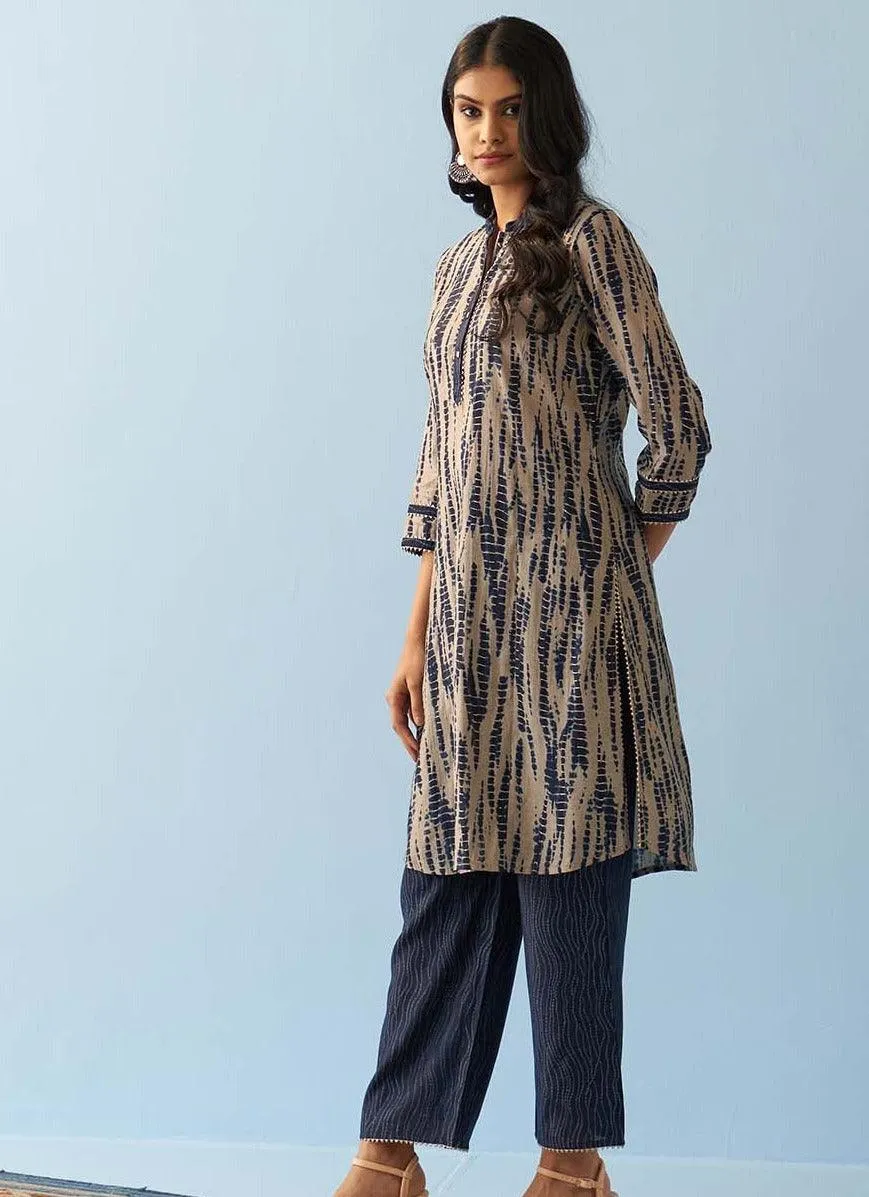 Navy Blue Printed Kurta Set with Mandarin Collar and Broad Border Sleeves