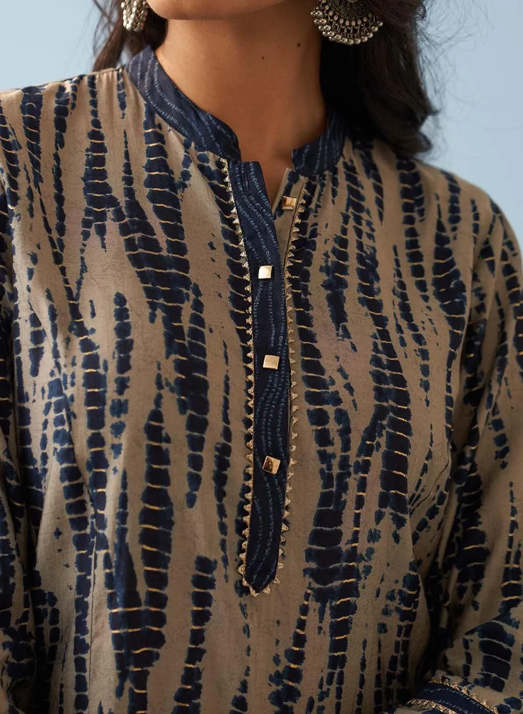 Navy Blue Printed Kurta Set with Mandarin Collar and Broad Border Sleeves