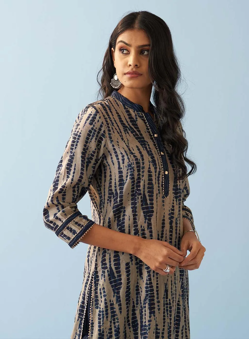 Navy Blue Printed Kurta Set with Mandarin Collar and Broad Border Sleeves