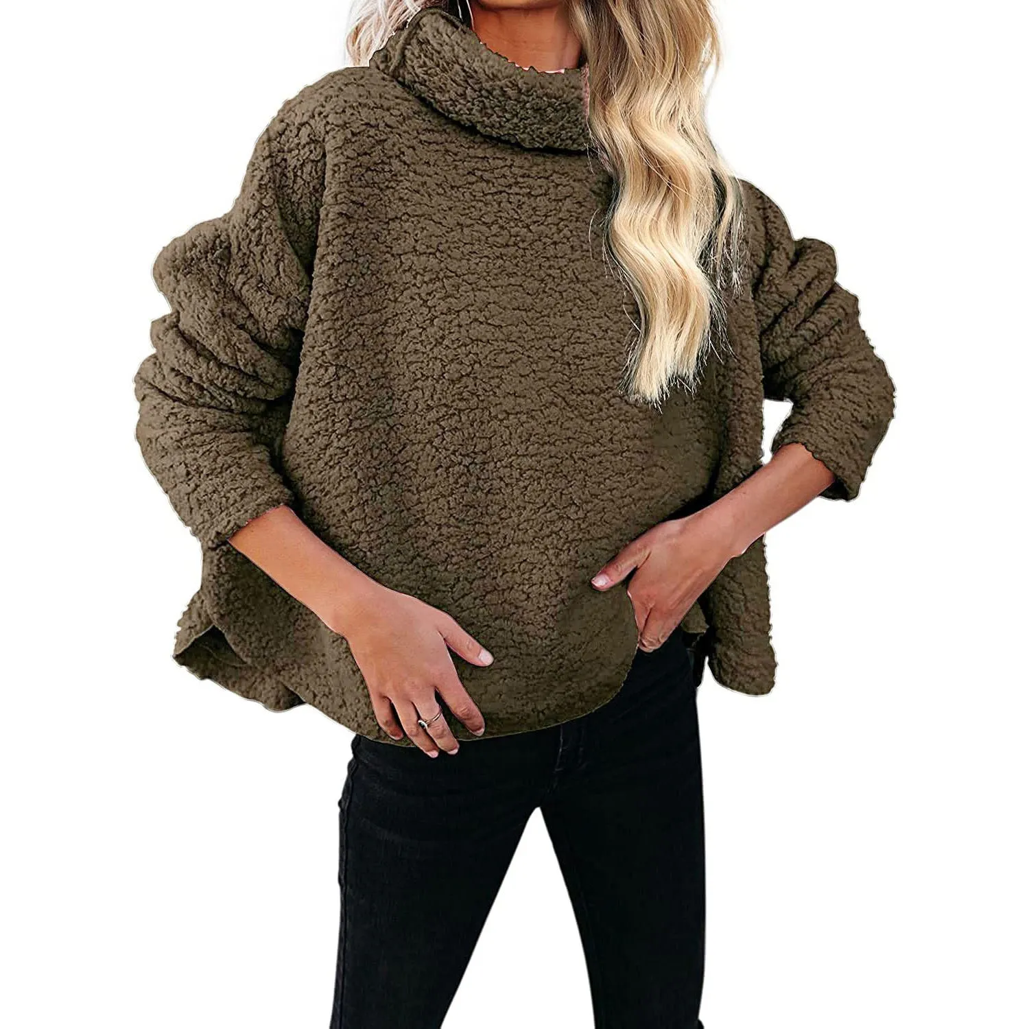 Oversized Turtleneck-Style Fleece Long Sleeved Sweater