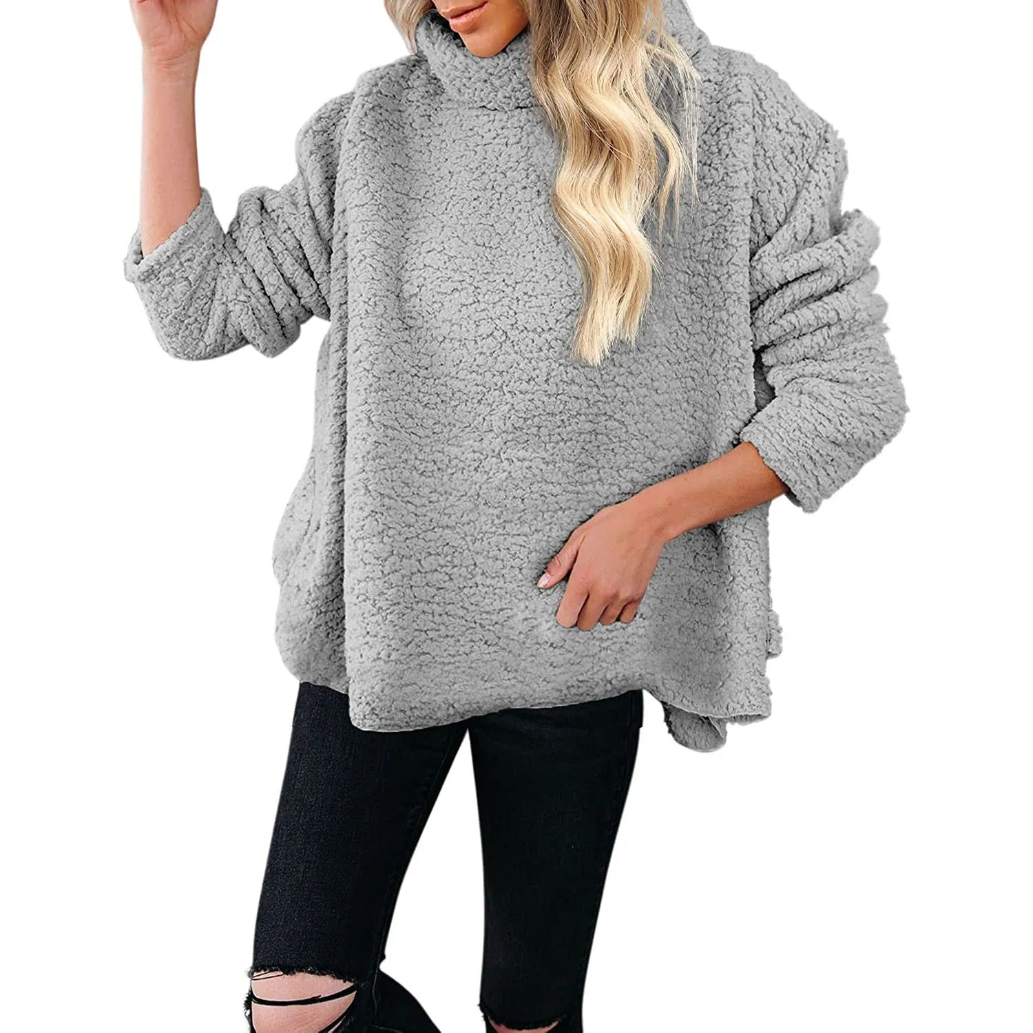 Oversized Turtleneck-Style Fleece Long Sleeved Sweater