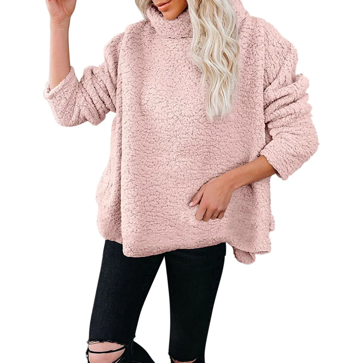 Oversized Turtleneck-Style Fleece Long Sleeved Sweater