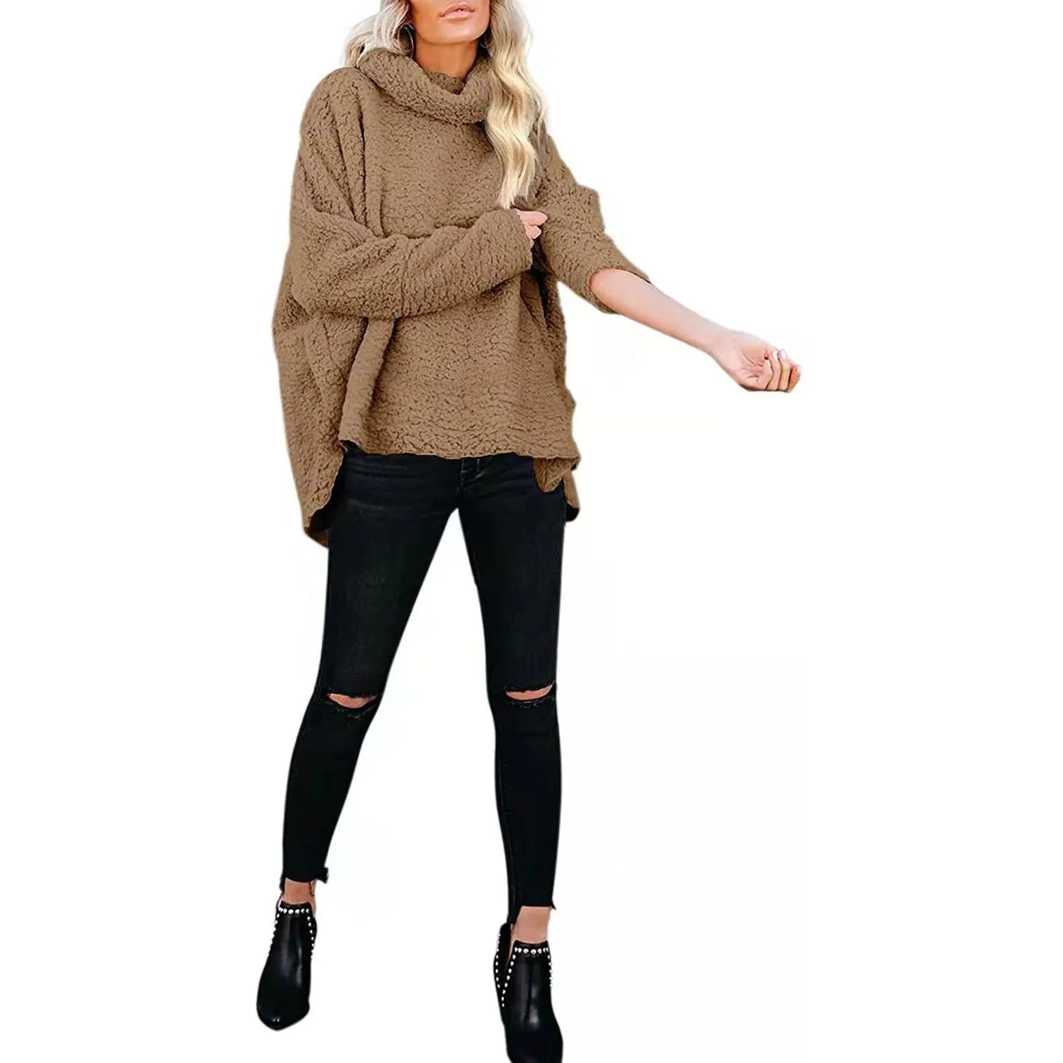 Oversized Turtleneck-Style Fleece Long Sleeved Sweater