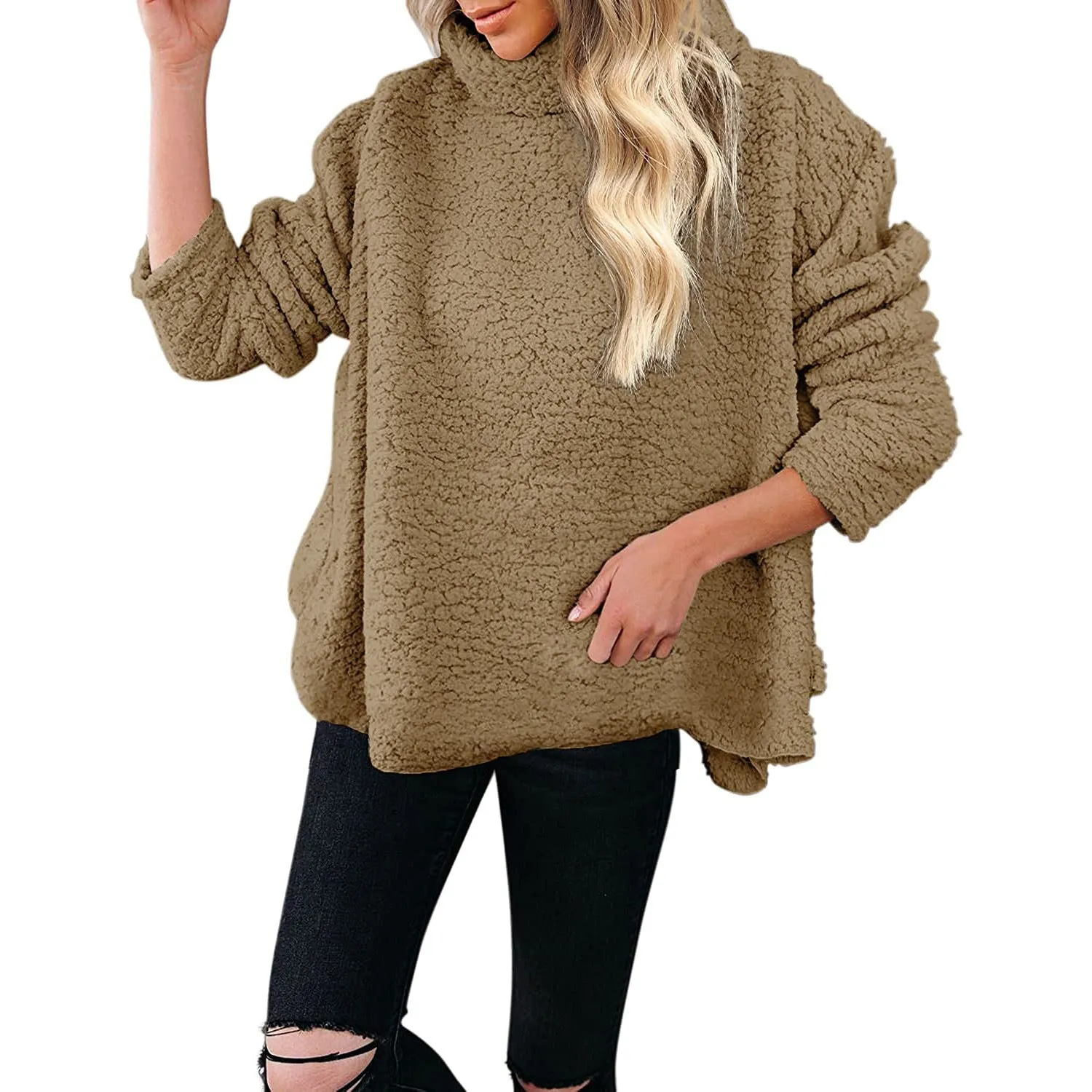 Oversized Turtleneck-Style Fleece Long Sleeved Sweater