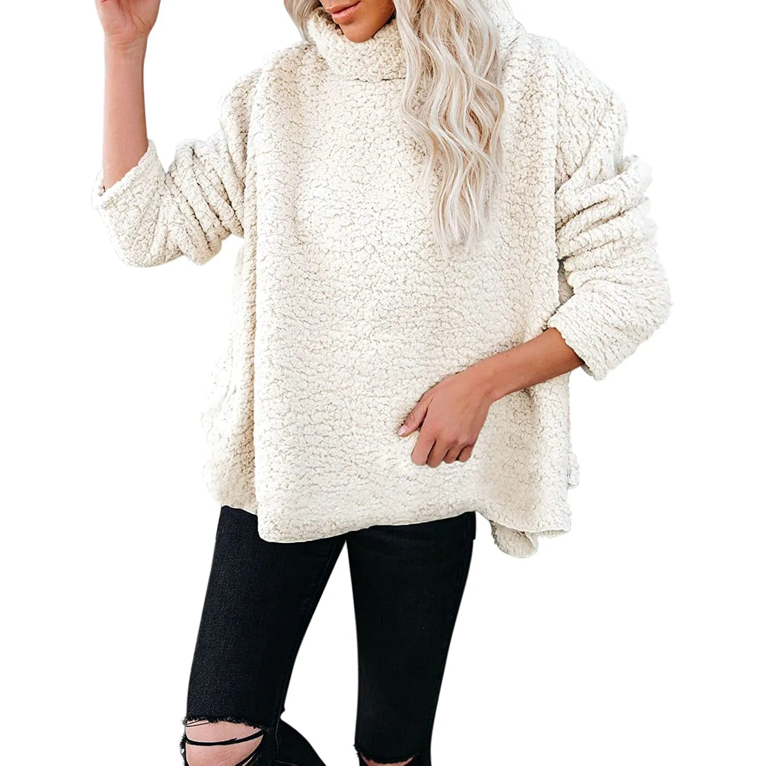 Oversized Turtleneck-Style Fleece Long Sleeved Sweater